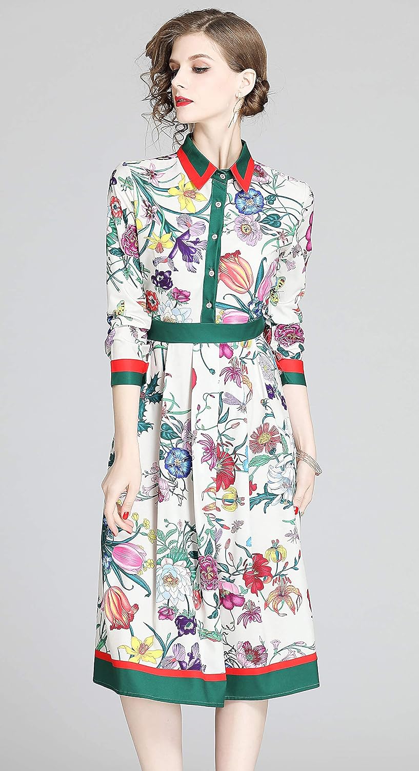 LAI MENG FIVE CATS Women's Floral Print Button up Midi Dress Casual A-line Shirt Dresses