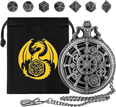 Mini Dice Set, Steampunk Hollow Gear Pocket Watch Case, 7 D&D Polyhedral Metal Dice, DND Gifts with Dragon Logo Gift Bag, RPG, Board Game Accessories, Dark Silver
