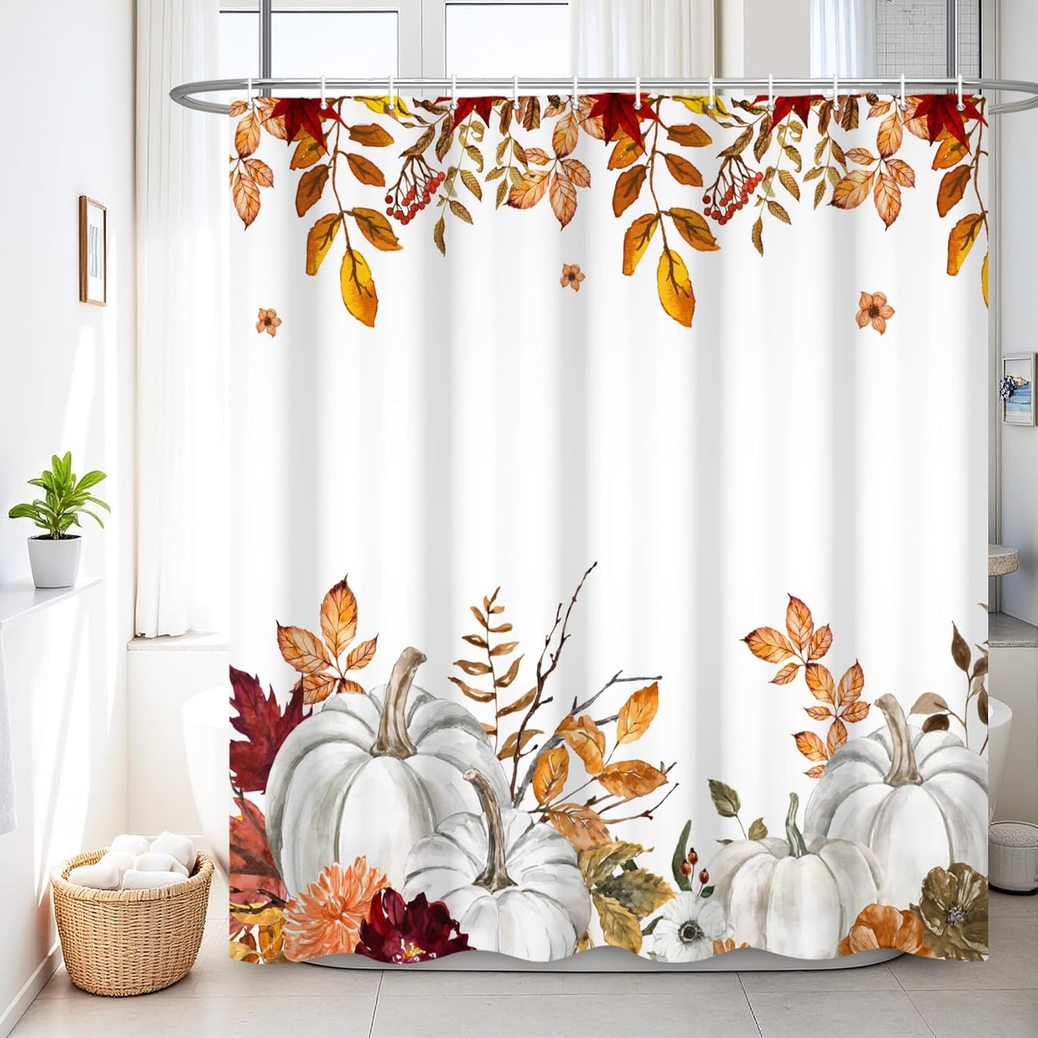 Renaiss 72 x 78 Inch Fall Harvest Thanksgiving Pumpkin Shower Curtain Autumn Leaves Pumpkins Farmhouse Bath Curtain Maple Leaves Bathroom Accessories Botanical Bathroom Curtain Liner Set with Hooks