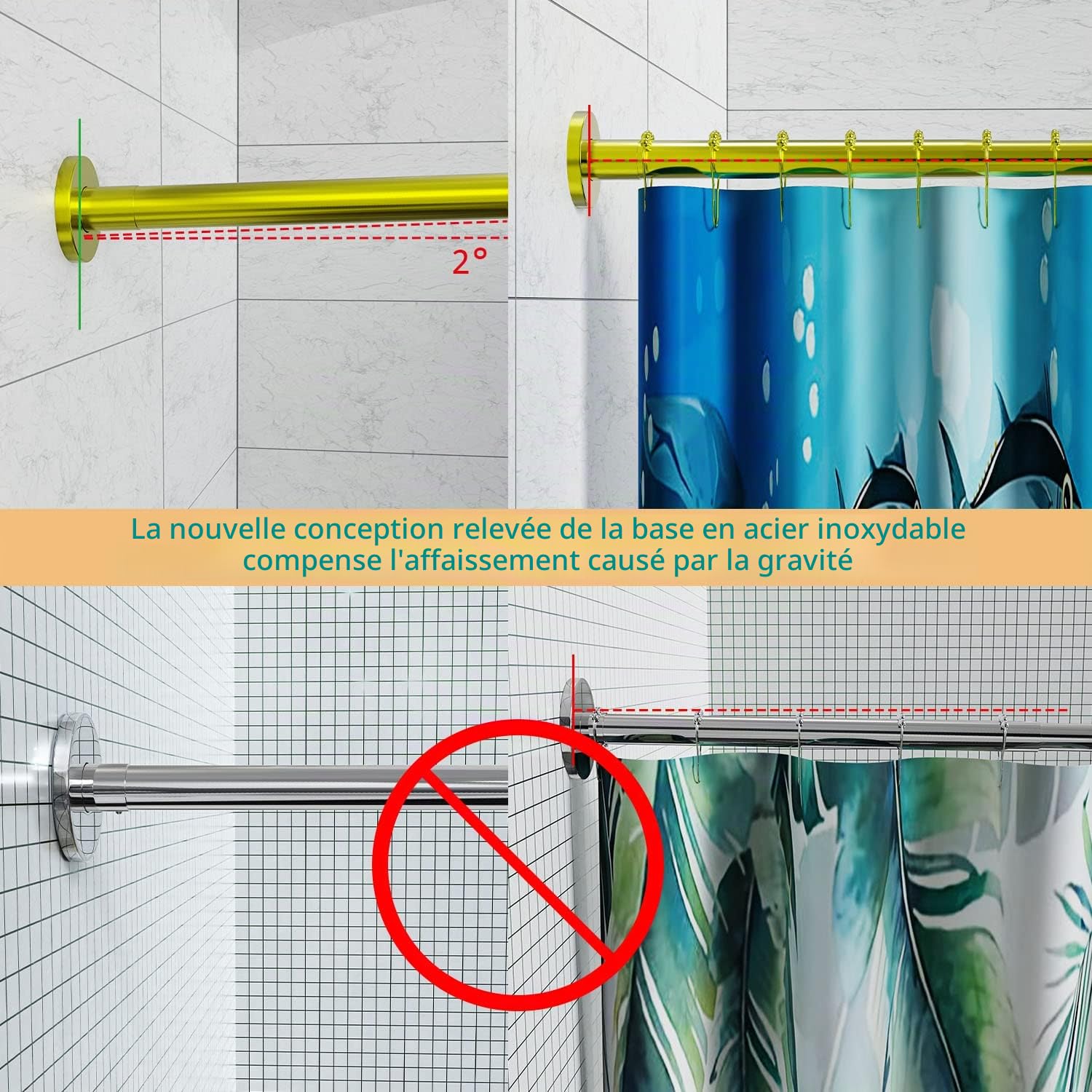 Tringle à rideau de douche d'angle en acier inoxydable 304 en forme de U, taille réglable (en forme de U doré, longueur des deux côtés : 80-120 cm, largeur du milieu : 88-110 cm)
