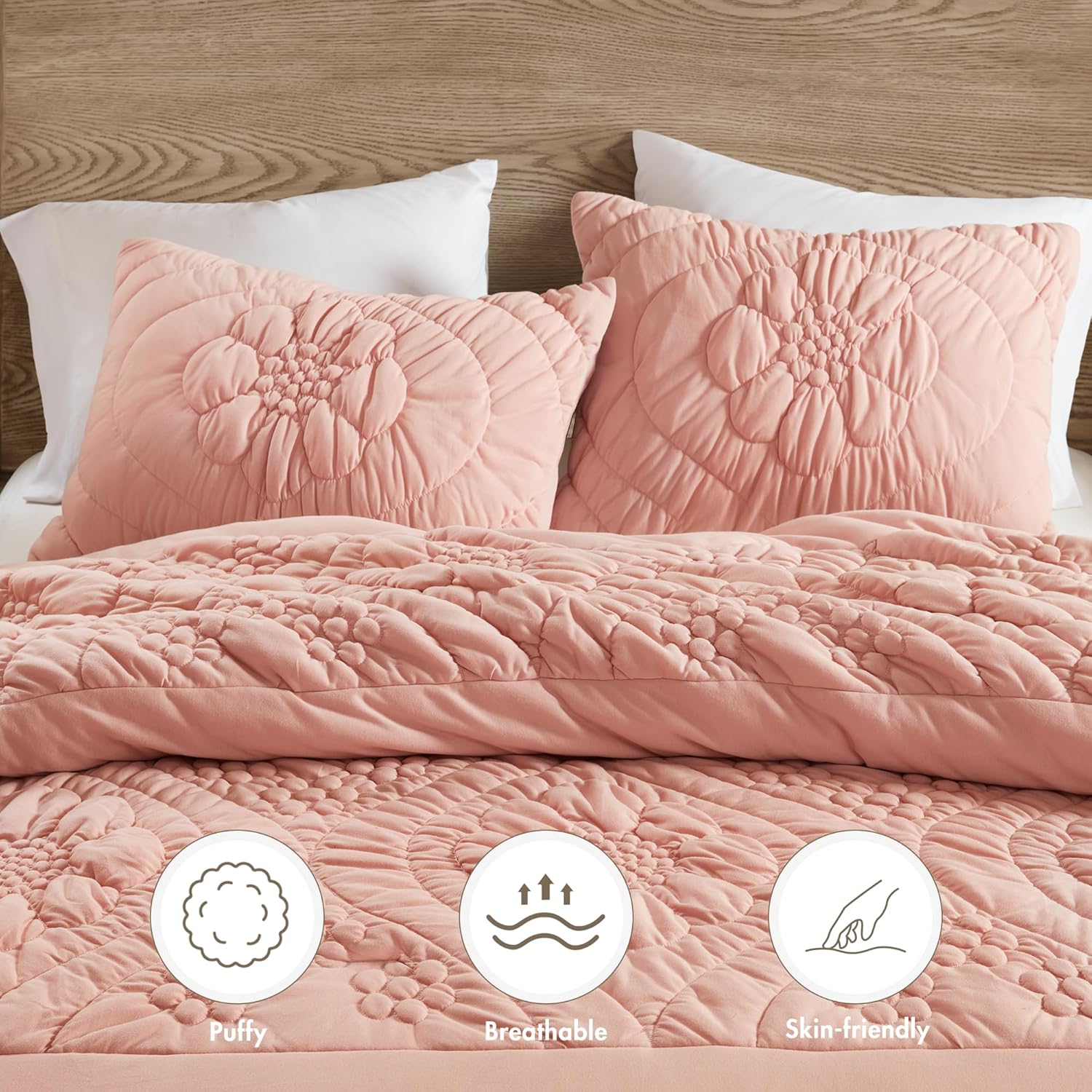 Madison Park Floral Jersey Comforter Set, Puffy Cloud Queen Size Comforters Crinkled Farmhouse Rustic Shabby Chic Bedding Set, Ultra-Soft All Season Down Alternative, Pink 3-Piece