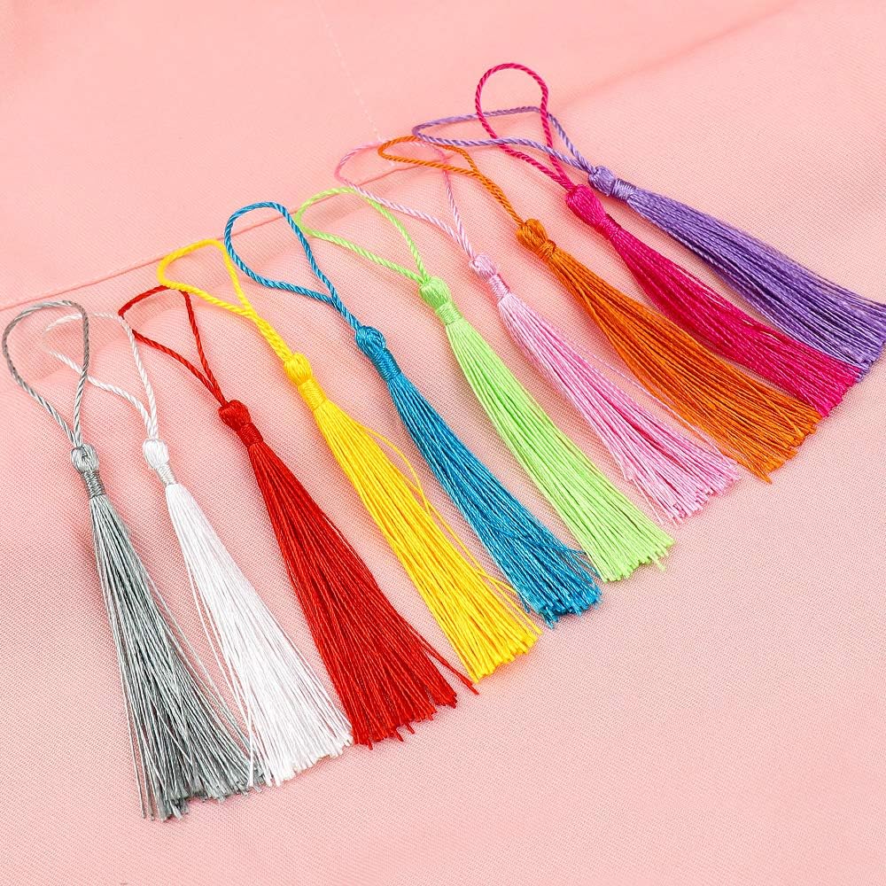 Dreamtop 100pcs 13cm/5 Inch Silky Handmade Soft Craft Mini Tassels with Loops for Jewelry Making DIY Projects Bookmarks, 10Colors