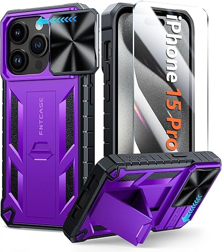 Miniatura 1 de FNTCASE Funda para iPhone 15 Pro protección contra caídas y golpes de grado militar con soporte y tobogán  Protección resistente con textura de