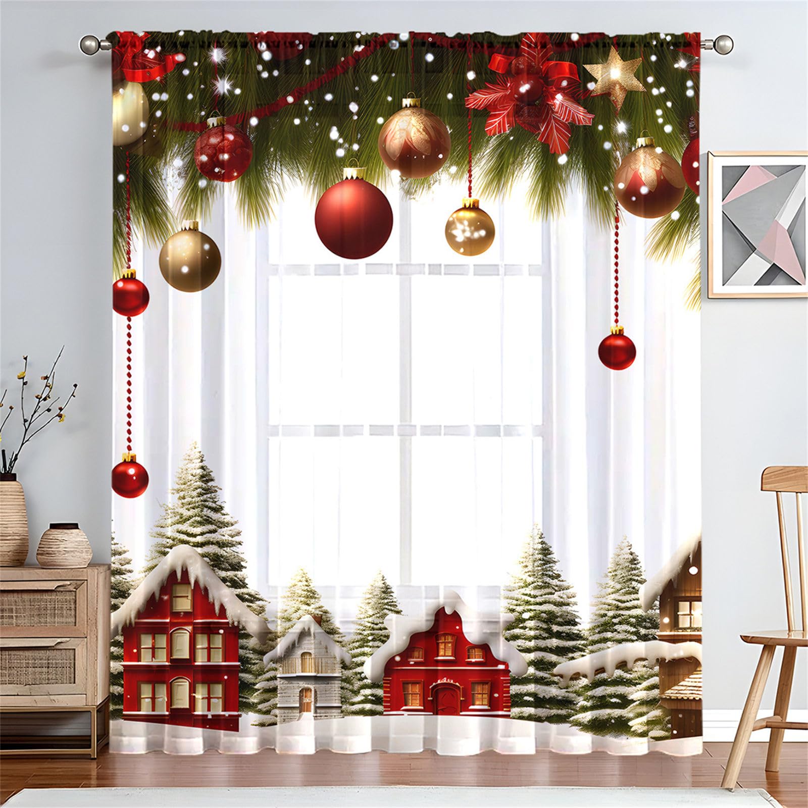 Odot Navidad Cortinas de Translucidas Salon, Impresión 3D Cortinas de Visillo para Ventanas Cortina Ventana con Bolsillo para Barra, 2 Piezas Cortina Moderna (W 132 x H 160cm,Invierno F)