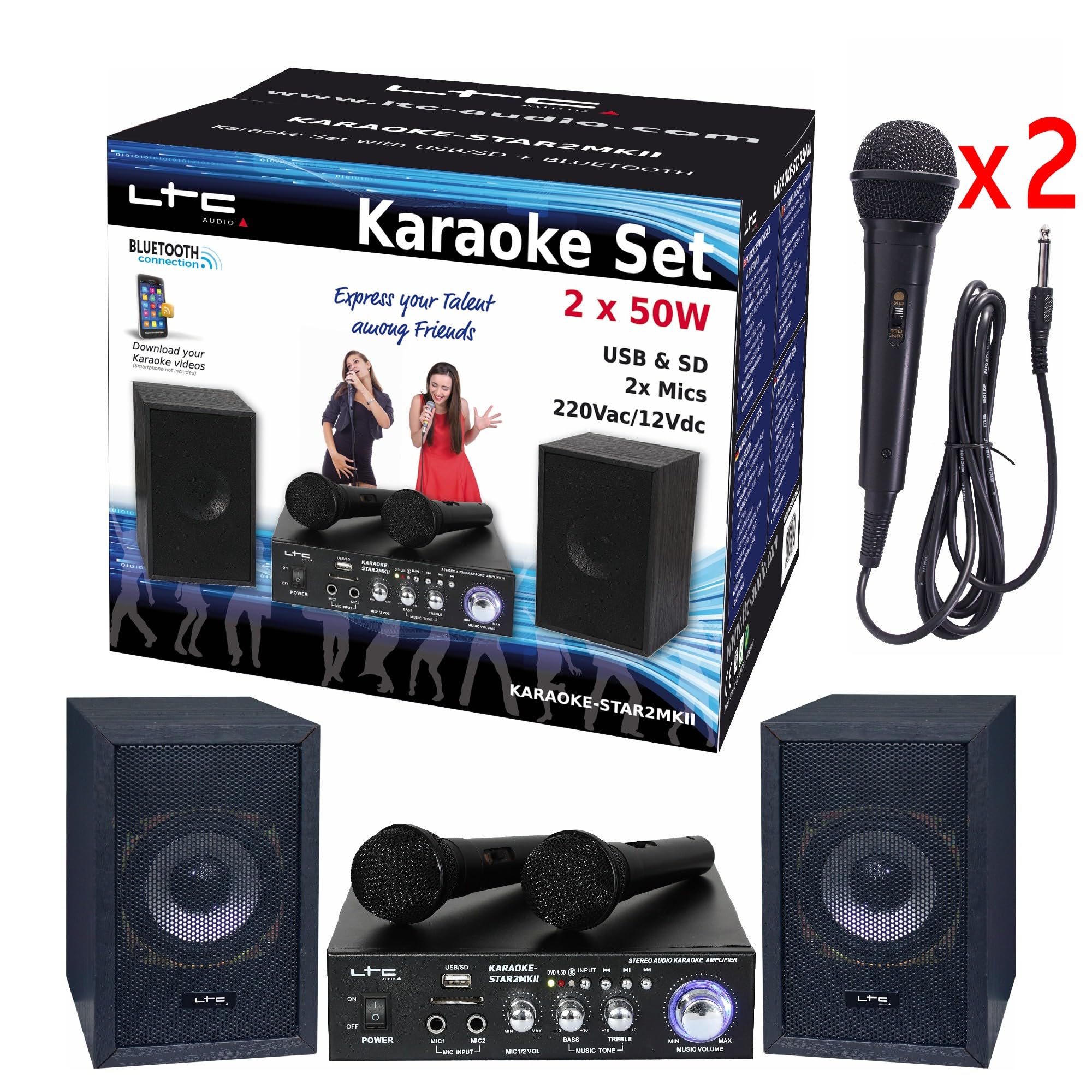 Générique Karaoké Pack LTC KARAOKE-STAR2MKII Enfant - Bluetooth USB SD 100W 2 Enceintes 2 Micros 1 Ampli - Projecteur 2-en-1 par Stroboscope Cadeau