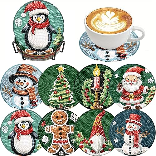 Clendo 8 posavasos de pintura de diamantes de Navidad  Kits de arte de diamantes para adultos con soporte, posavasos 5D con puntos de diamantes para
