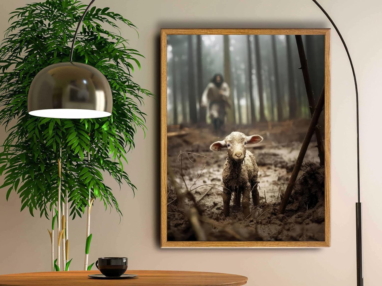 Framed Christians decor Jesus and Lamb Canvas Wall Art Jesus Running After Lost Lamb Picture Canvas Print Decor Christian wall art 14X18 Inches A-334