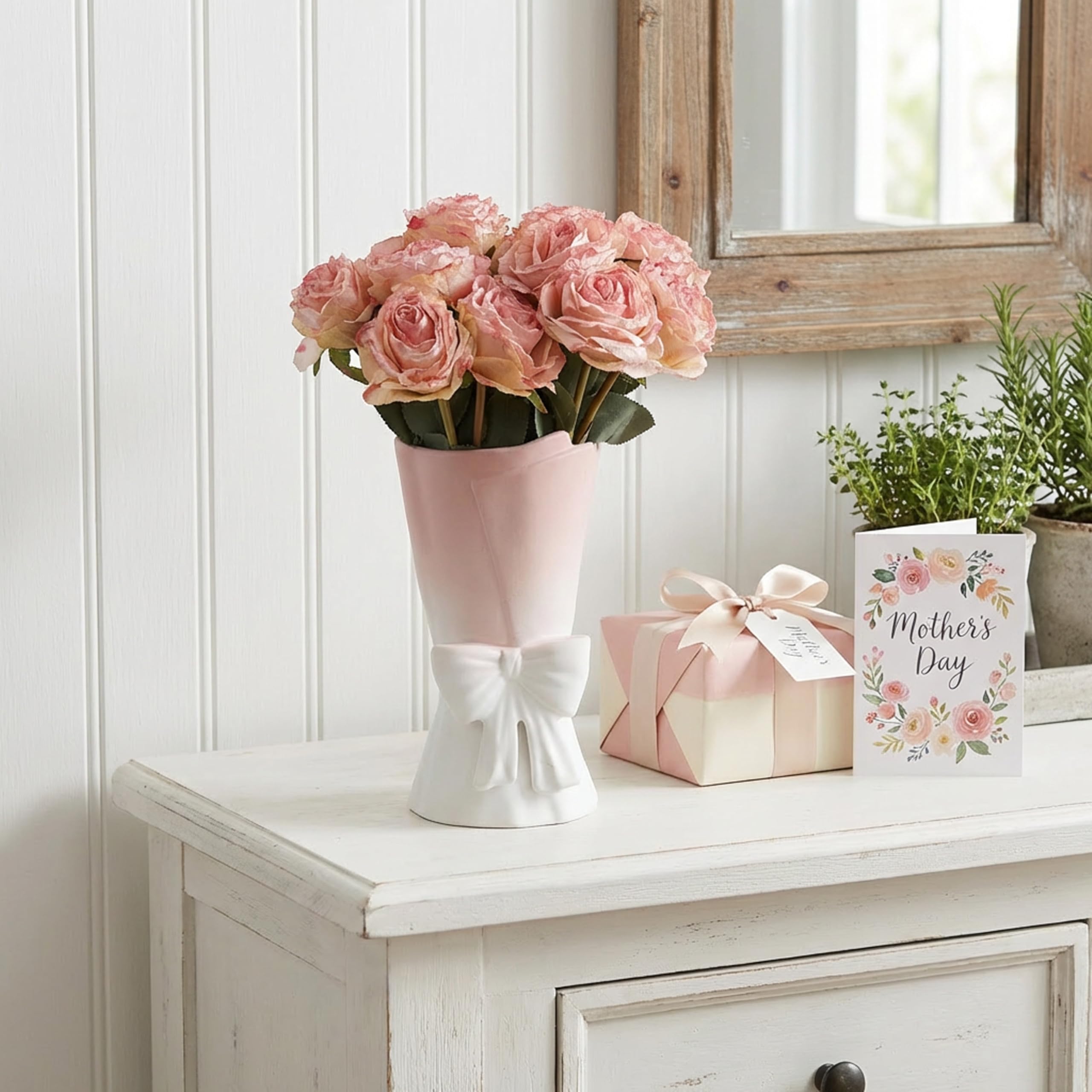 Relexome Różowo-biały ceramiczny wazon z kokardą 24,5 cm unikalny uroczy nowoczesny dekoracyjny bukiet wazony na kwiaty do domu salonu dekoracja stołu kobiety dziewczyny prezenty