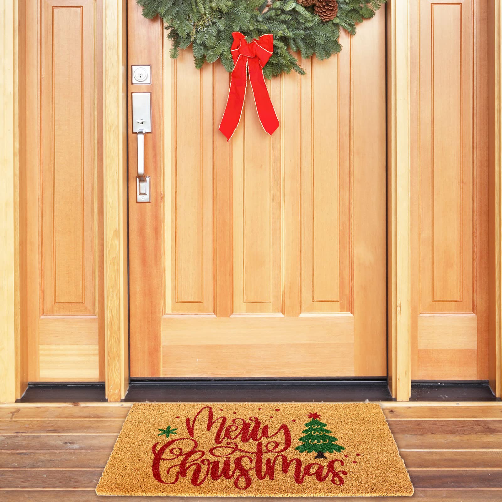 Whaline Merry Christmas Doormat - Coir Non-Slip, 17x29 Inch, Christmas Tree Design Indoor/Outdoor