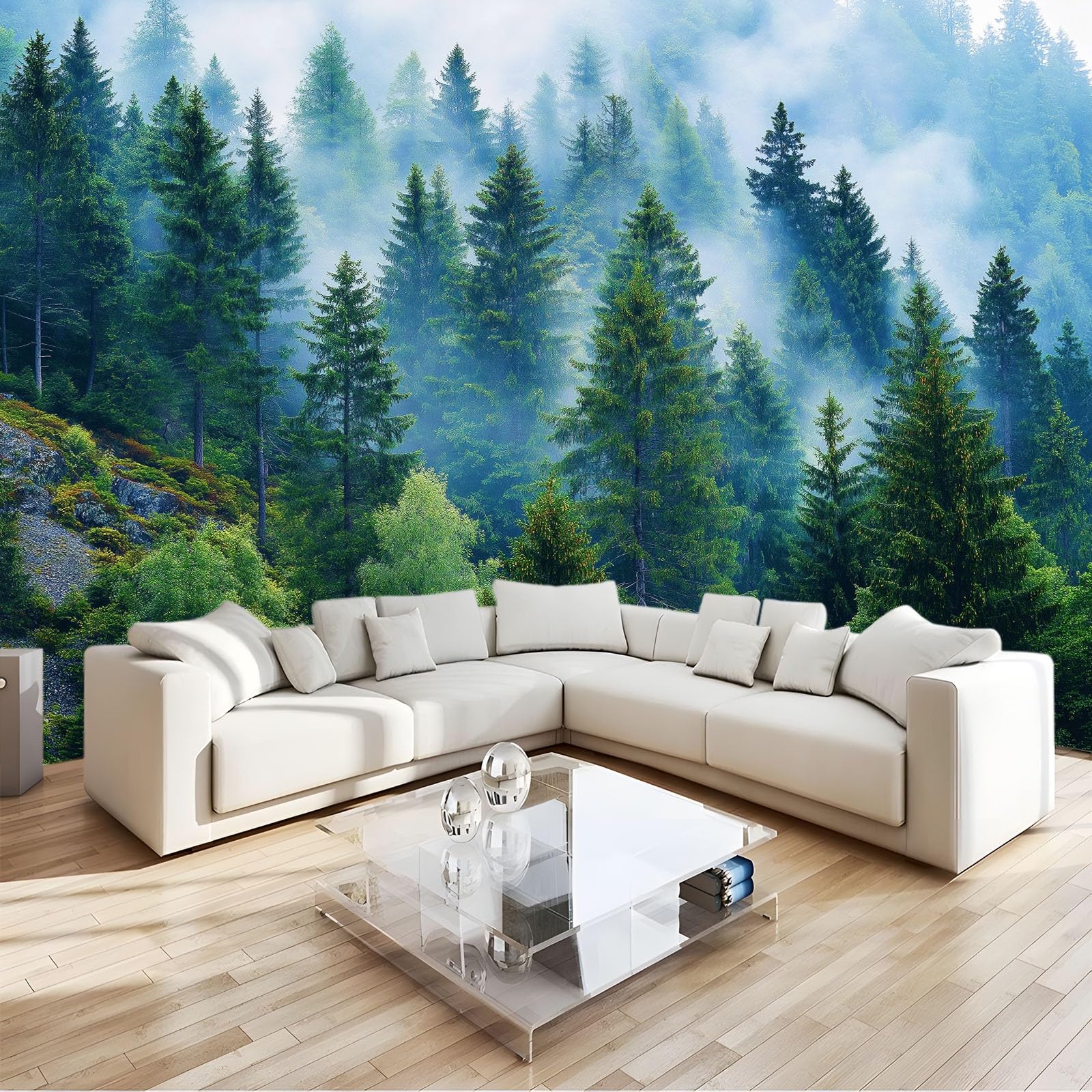 Tapeta Scandi Natura Las Mgła Poranne liście 200 x 140 cm - Fototapeta z TNT Efekt 3D, Gigantyczny plakat Dekoracja ścienna do salonu, sypialni i biura - zielony szałwiowy