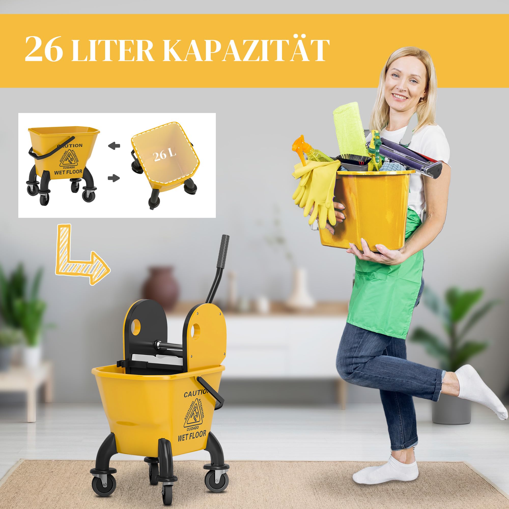 HOMCOM Carrello di pulizia 26 l, secchio con pressa e mocio per uso domestico e commerciale