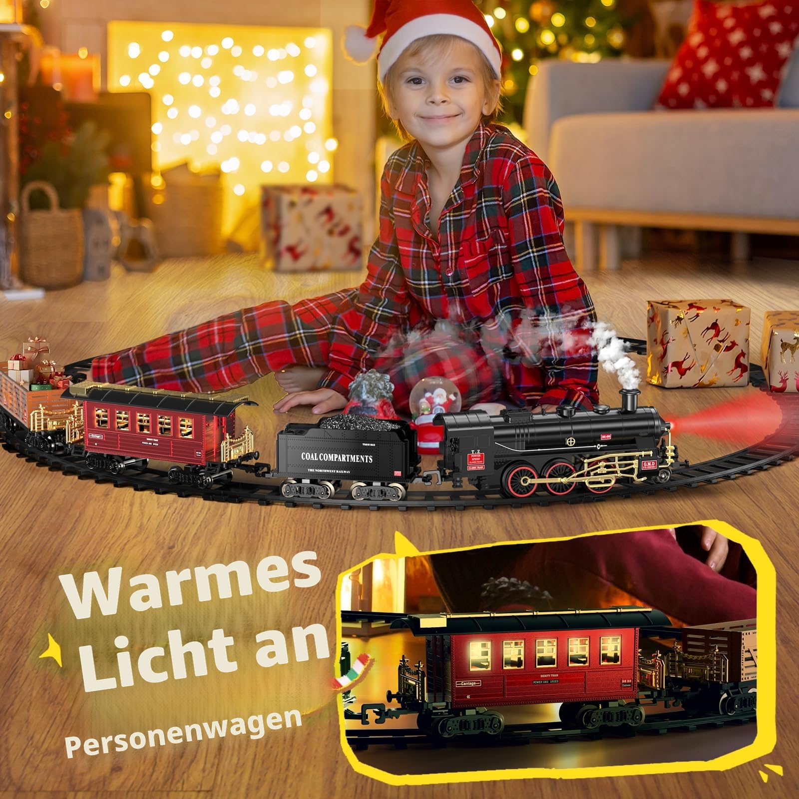 Hot Bee Legierung Eisenbahn Kinder Elektrisch, Weihnachtszug Elektrisch, Eisenbahn Weihnachtsbaum, Weihnachtszug für den Tannenbaum, Geschenk Junge 3 4 5 6 7+ Jahre