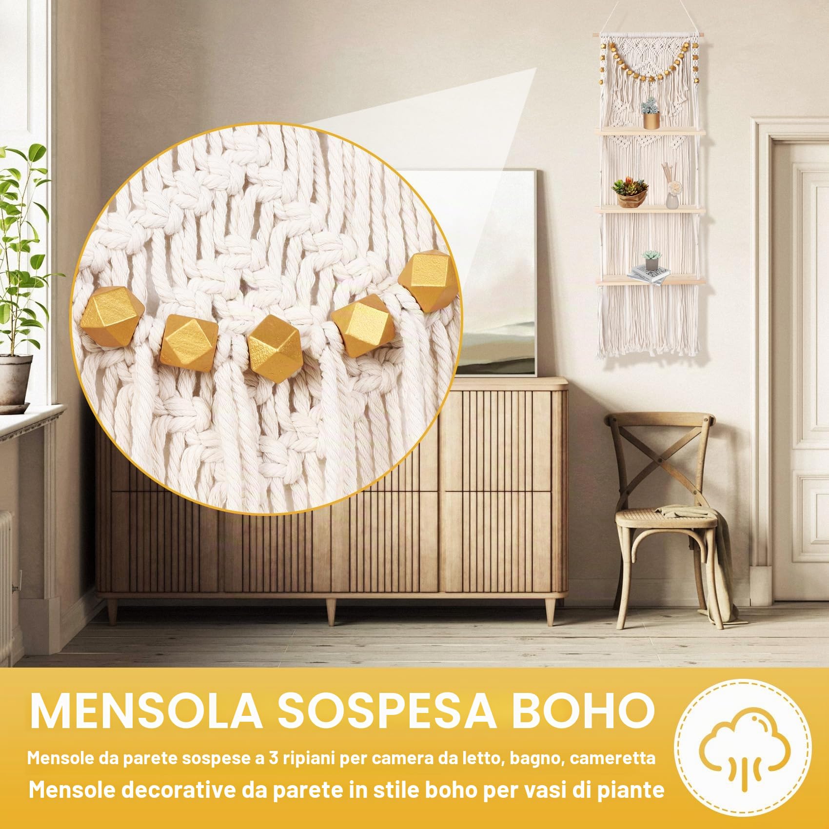 Arazzo da parete in macramè, 3 animali, realizzato a mano, con nappe, organizer da parete, galleggiante, per decorazione della casa (40 x 120 cm)