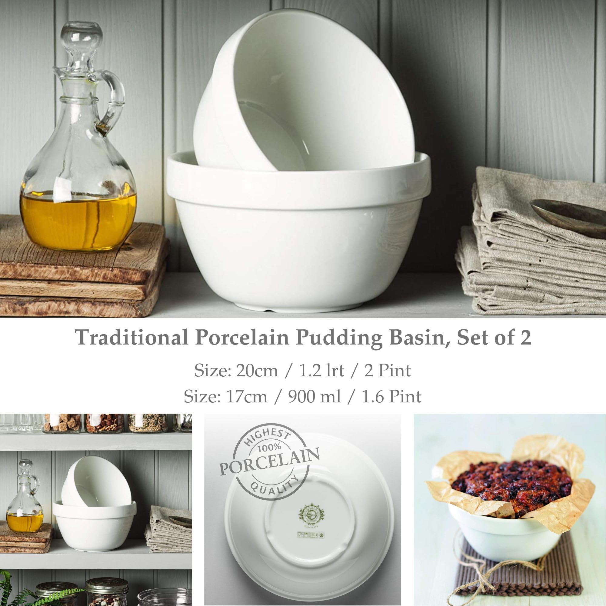 Wm Bartleet & Sons Set mit 2 traditionellen Porzellan-Pudding-Becken (900 ml, 1,6 pt/1250 ml, 2pt) – Weiß