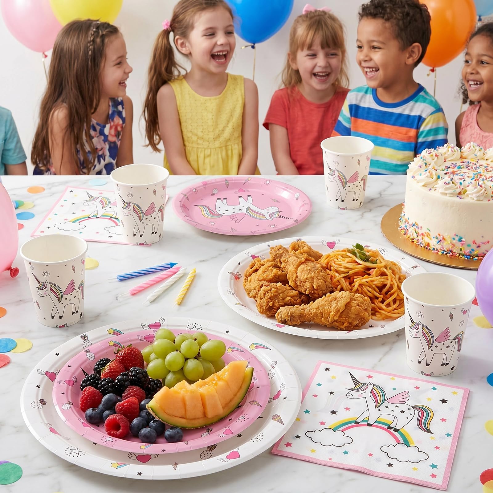 Set di stoviglie con unicorno, accessori arcobaleno, per ragazze, pacchetto con piatti da dessert, tazze, tovaglioli per 24 ospiti (96 pezzi)