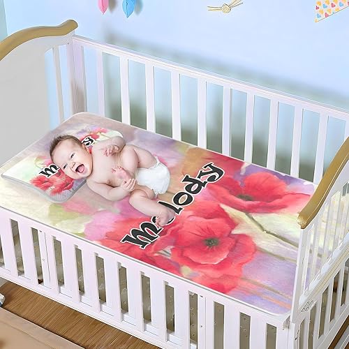 Miniatura 3 de Protector de colchón personalizado de acuarela roja con flores de amapola para niños y niñas, tapete de seda de hielo para cama, colchoneta de