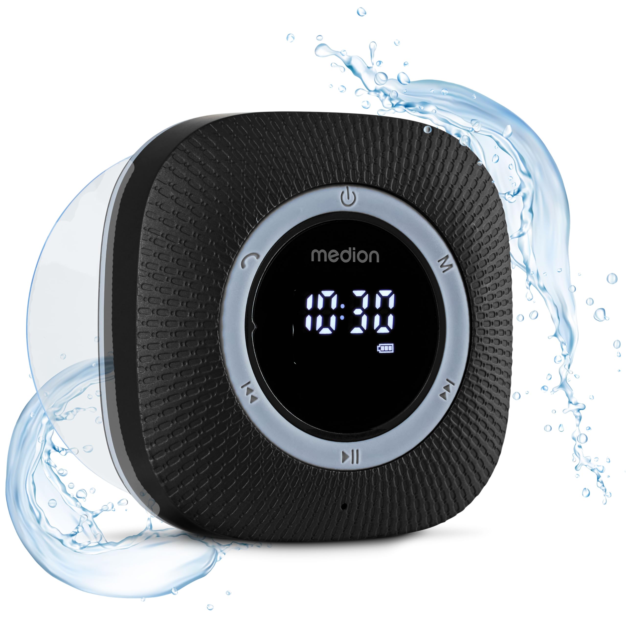 MEDION P66096 Radio de Ducha con Bluetooth (Radio de baño, Radio FM, Ventosa, Pantalla LED, Impermeable IPX6, batería Recargable integrada, MD43884) Negro
