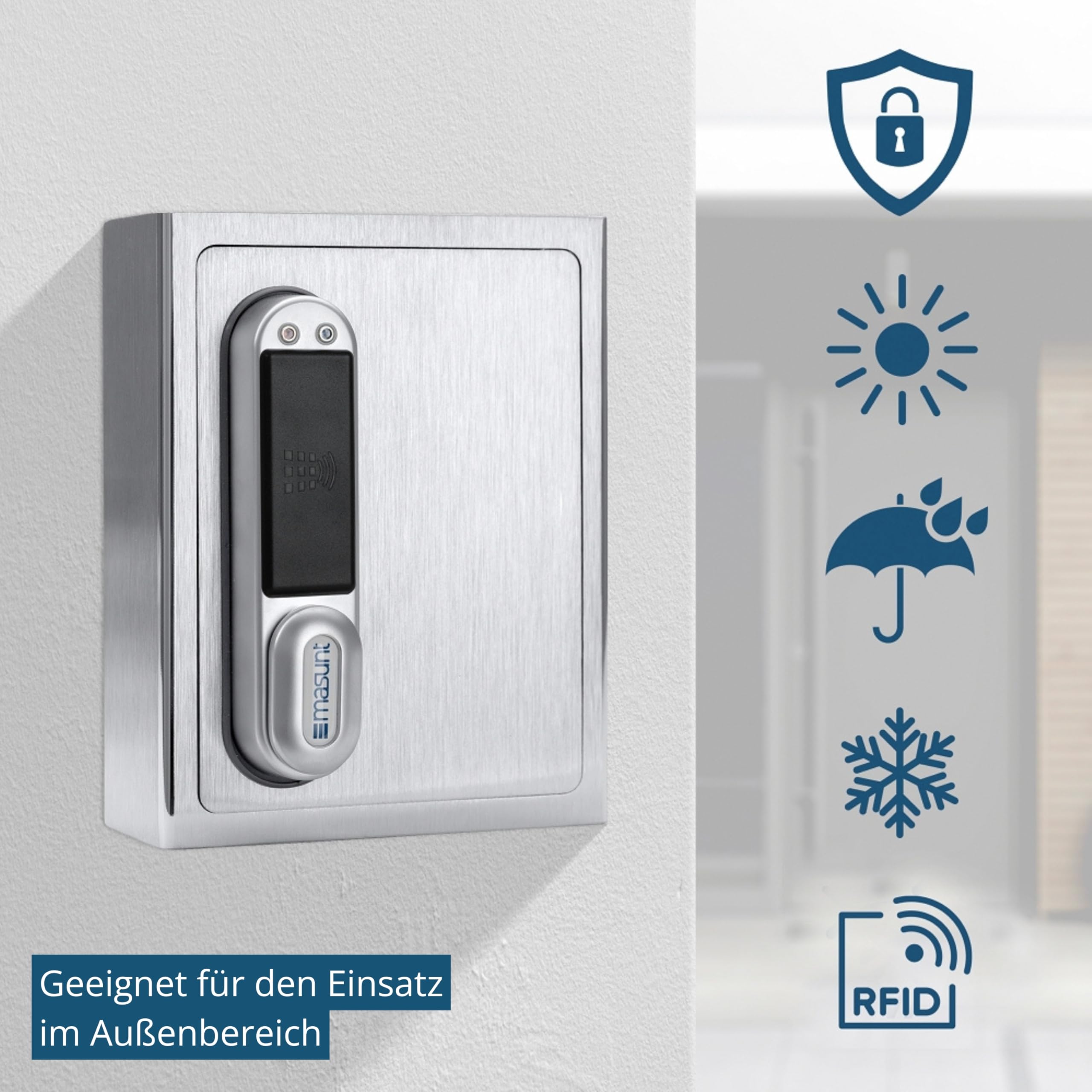 masunt Schlüsselsafe 1121 RFID | elektronischer Schlüsseltresor | Registrierung von bis zu 50 individuellen Zutrittsmedien | V2A Edelstahl | Aufbruch-sicher | wetterfest | silber
