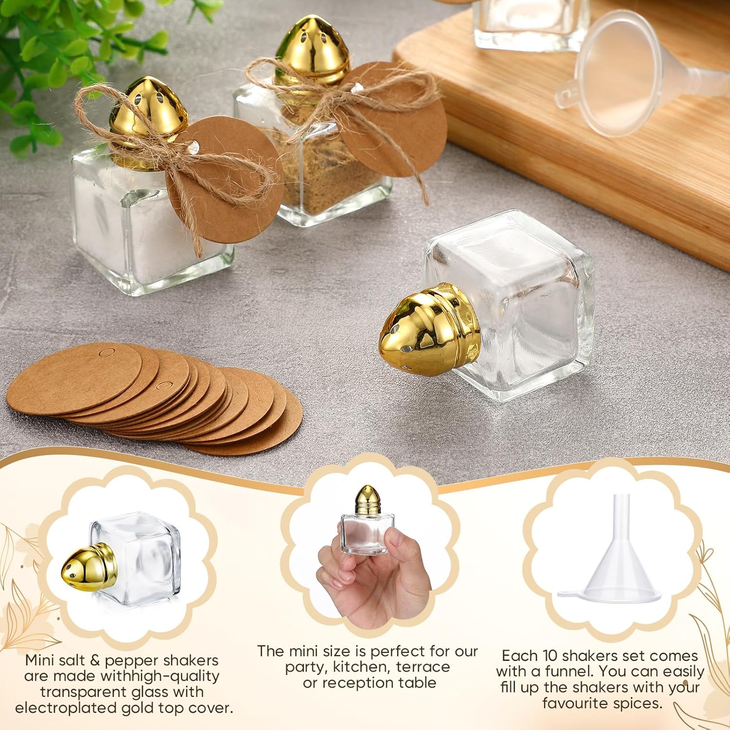 Uiifan 50 Set 0.5 oz Mini Salt and Pepper Shakers with Gold Tone Tops Clear Glass Spice Salt and Pepper Holders Bulk with 5 Plastic Funnels 50 Tags 50 Ropes for Wedding Party Kitchen(Square Shape)