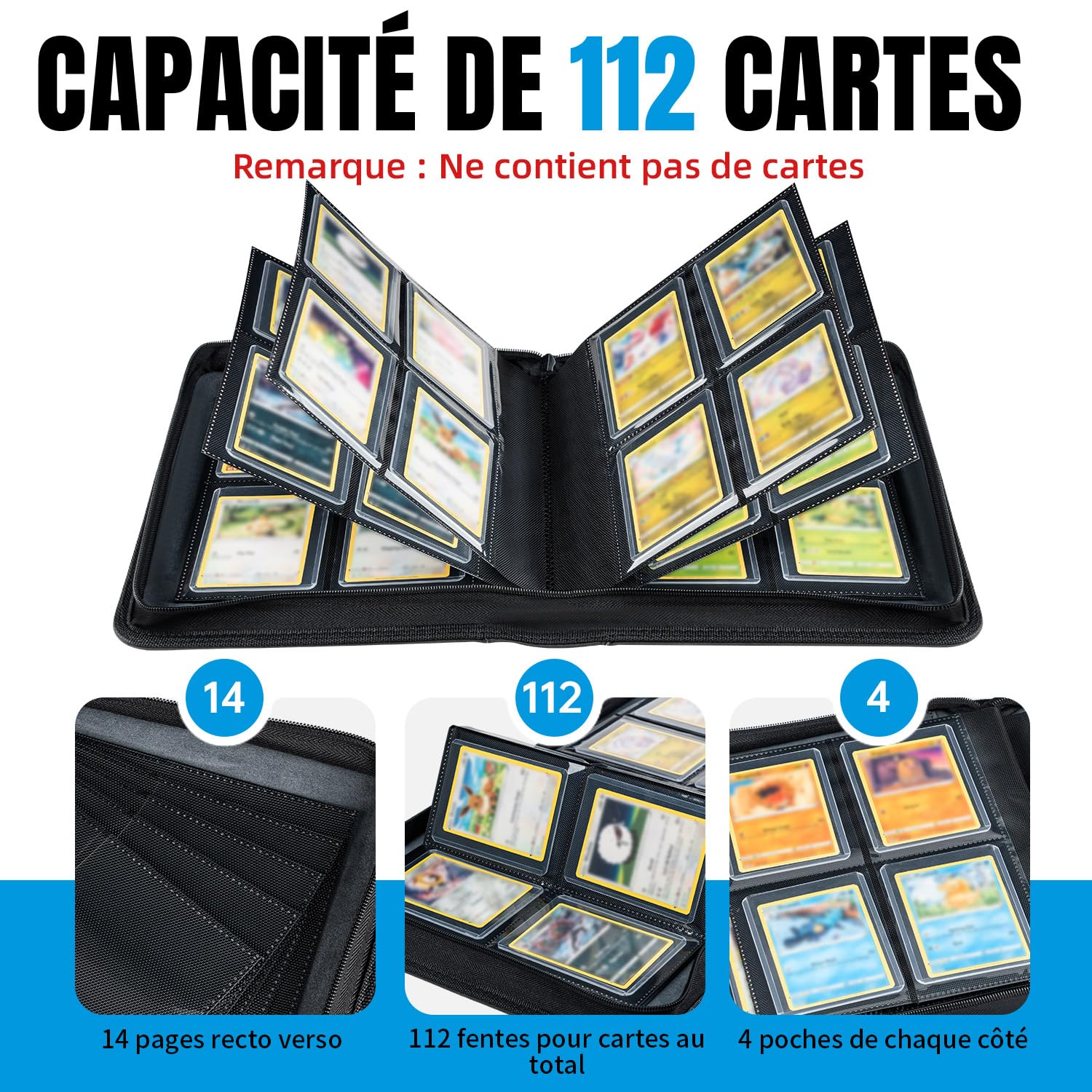 Classeur TCG 112 Toploaders 35PT, 4 Compartiments - Noir | 10 toploaders rigides offerts, protège vos cartes TCG et de collection contre plis, rayures et humidité au quotidien