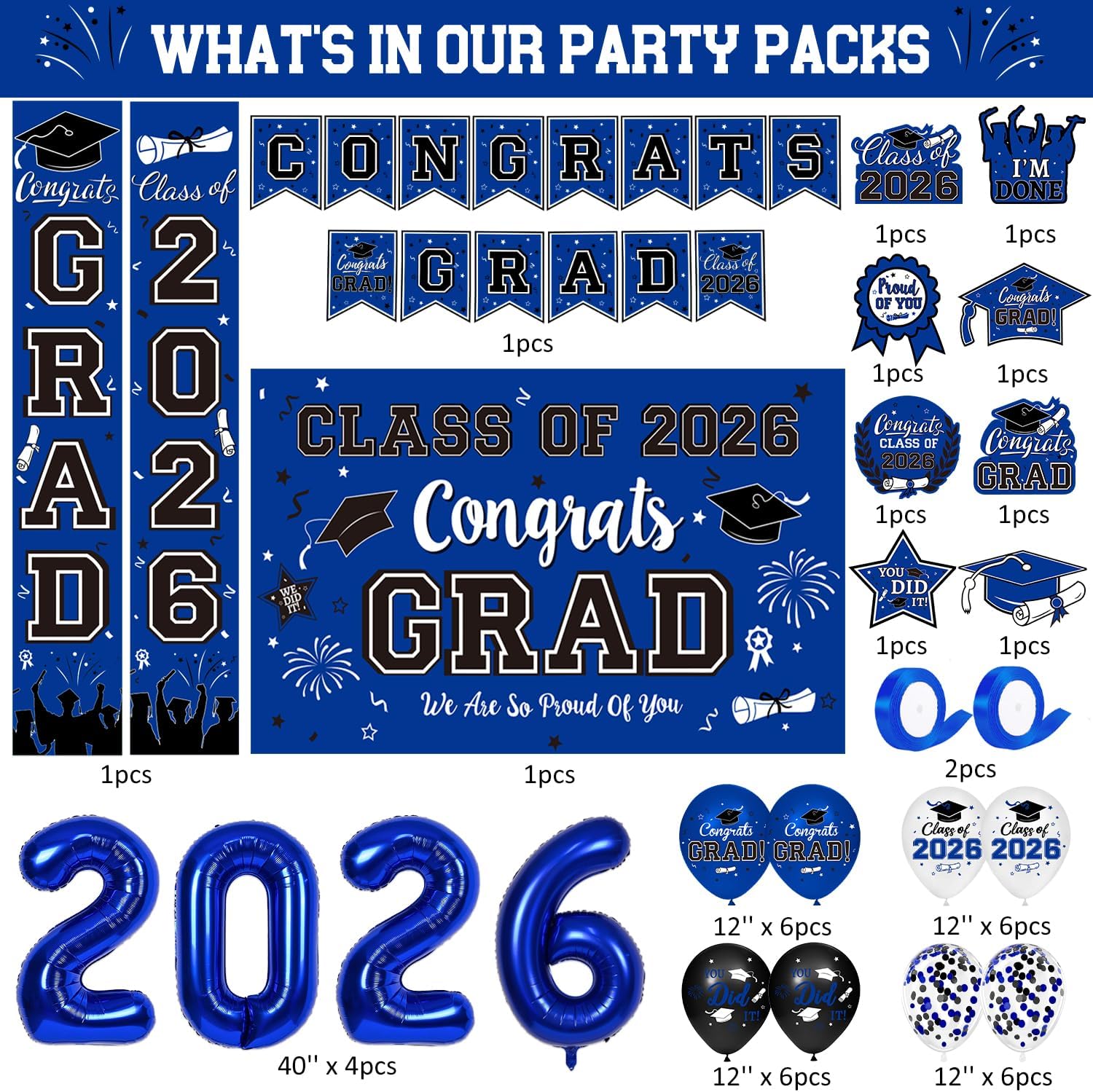 Graduation Decorations Class of 2026 - Blue Themed Graduation Supplies Include Grad Backdrop, Banner, Hanging Swirls, Porch Sign, Balloons, Foil Number 2026 for Congrats Grad Party Decorations image 2