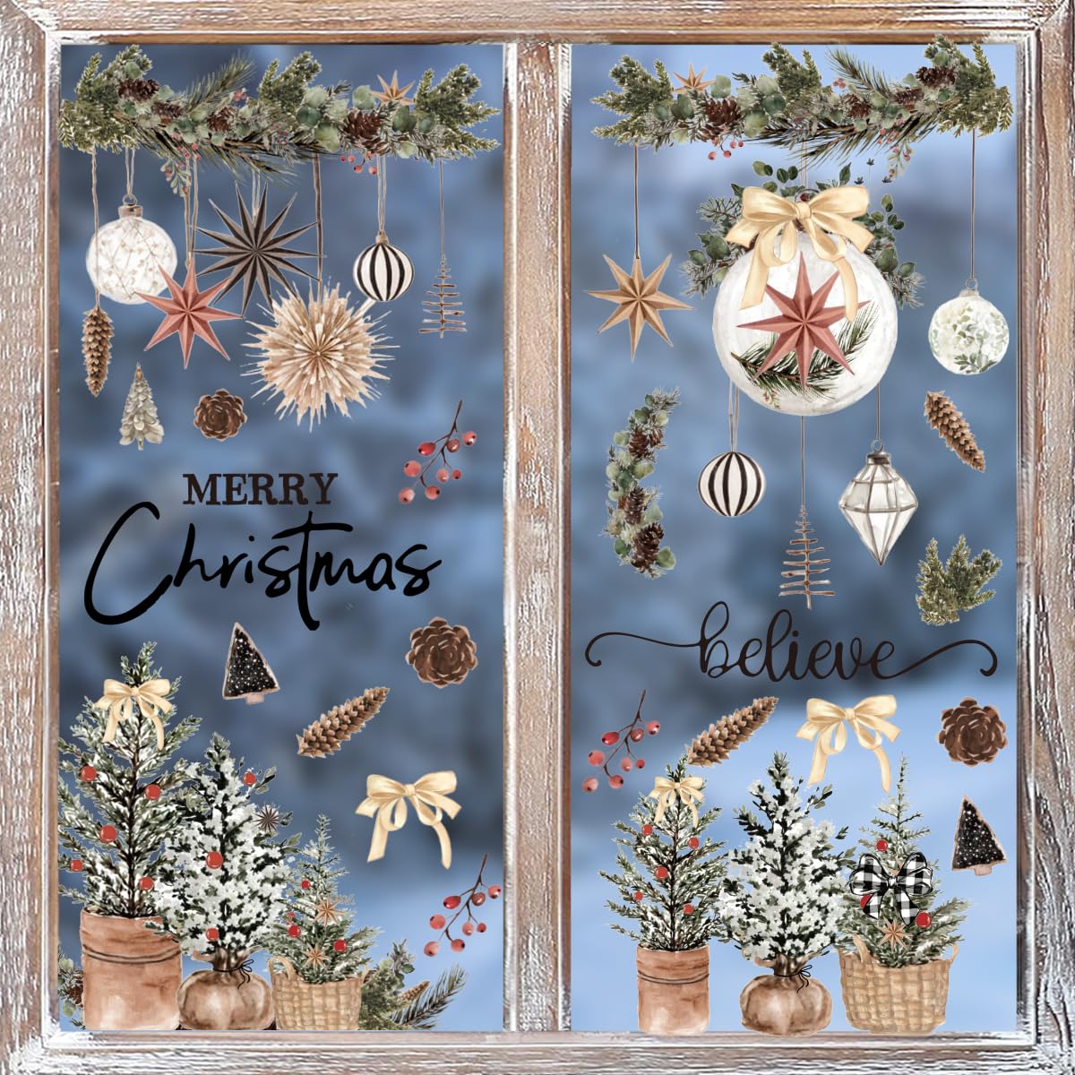 Horaldaily 45 calcomanías de Navidad para ventana, adornos de bolas de árboles de Navidad marrones para el hogar, suministros de fiesta, tienda, decoración de exhibición de vidrio