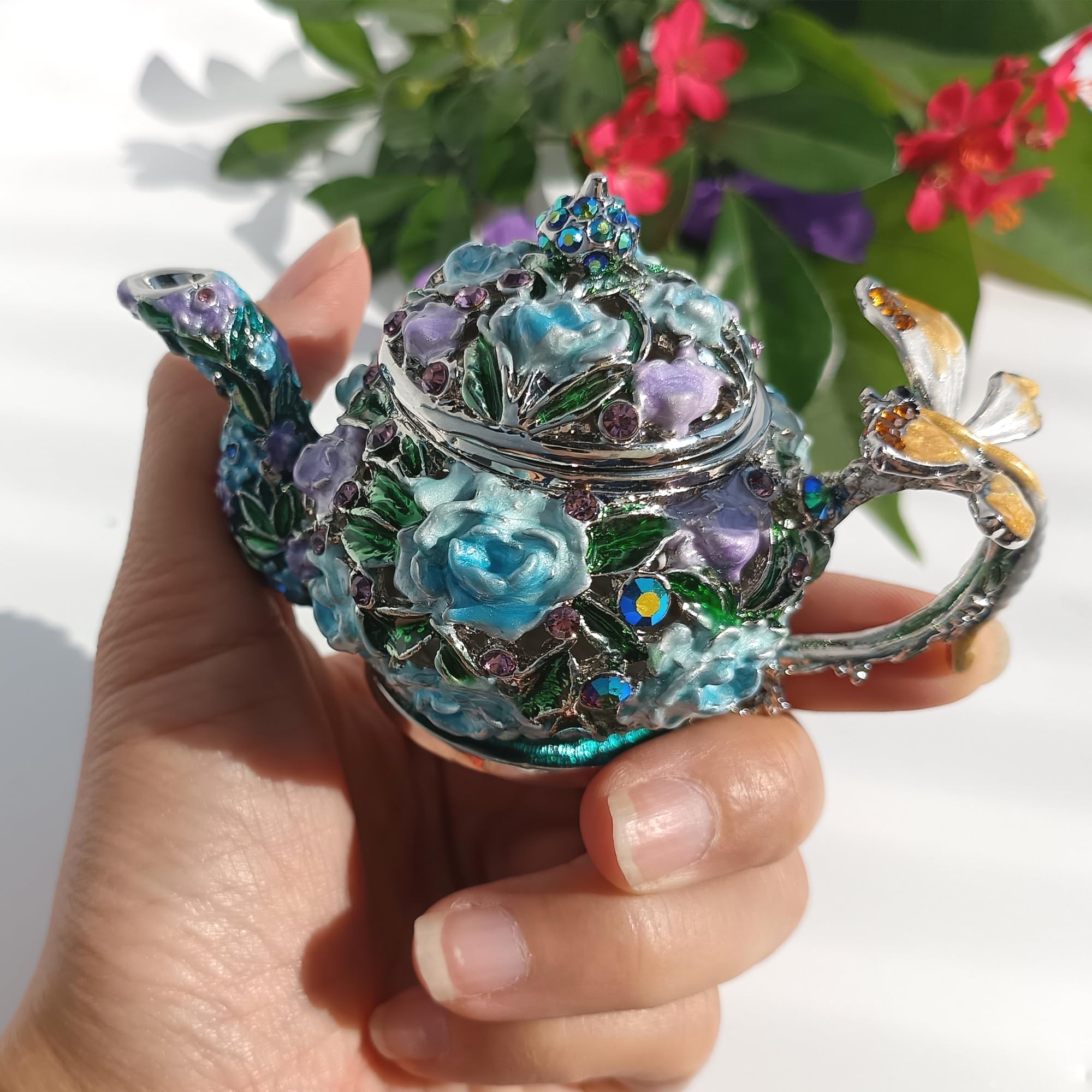 Enamel Teapot Trinket Box Hand-Painted Metal Vintage Jewelry Organizer Unique Ring Holder & Collectible Ornament Purple-Blue