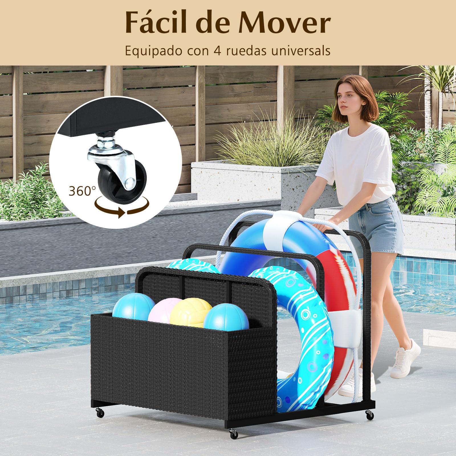 COSTWAY Baul Almacenaje para Flotadores de Piscina, Arcon Jardin Exterior con Ruedas para Flotadores, Armario Mimbre Impermeable, Muebles Patio Jardin Terraza, 100 x 100 x 94cm (negro)