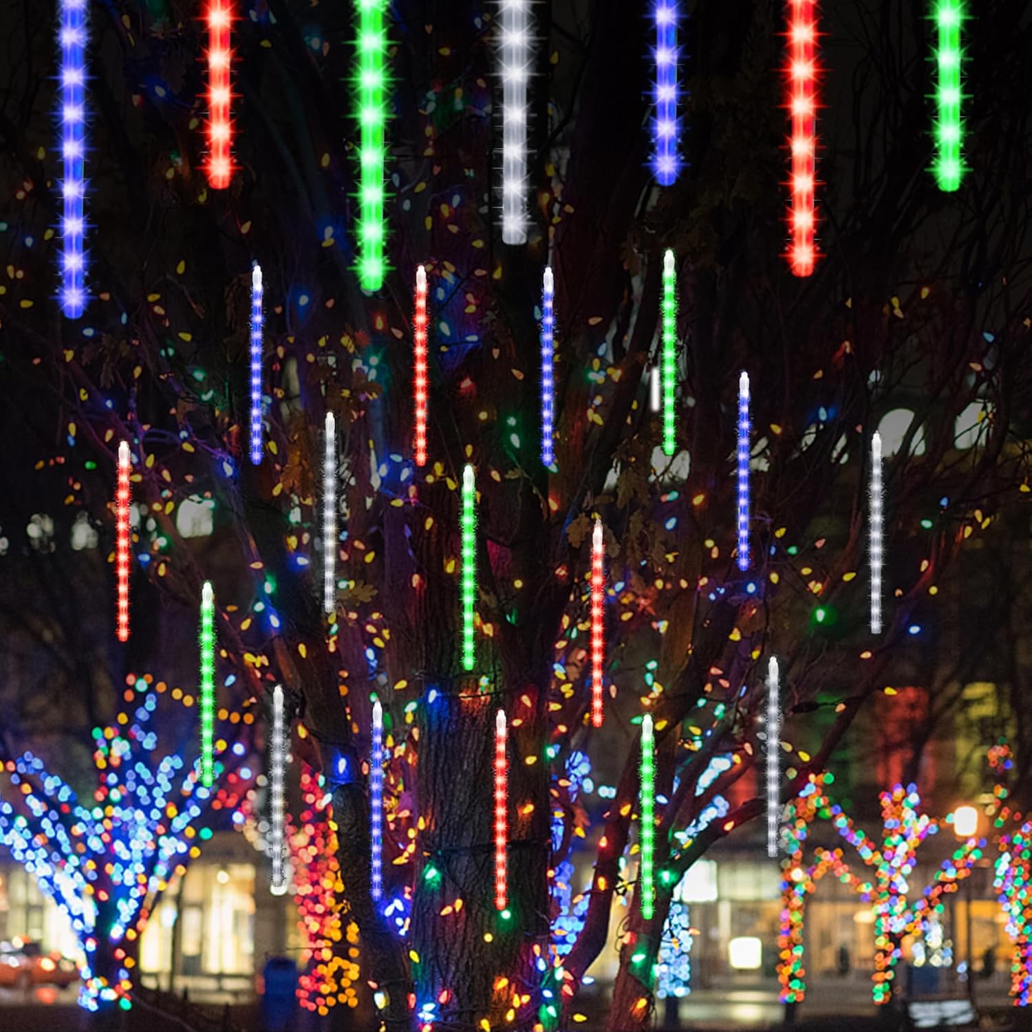 LJLNION Meteor Shower Lights, 12 Inch Outdoor Icicles Christmas Lights, 8 Tubes 288 LED Iciclelights Snow Falling Light, Connectable Raindrop Light, Xmas Wedding Party Tree Holiday Decor, Multicolor
