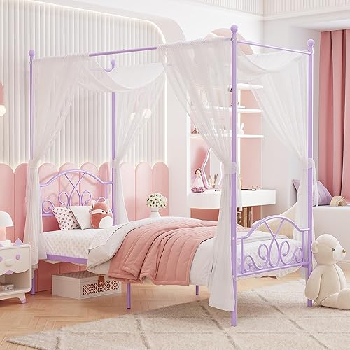 Miniatura 23 de Weehom Marco de cama con dosel de princesa con 4 pósteres, base de colchón de plataforma de metal resistente con cabecera y estribo, no necesita