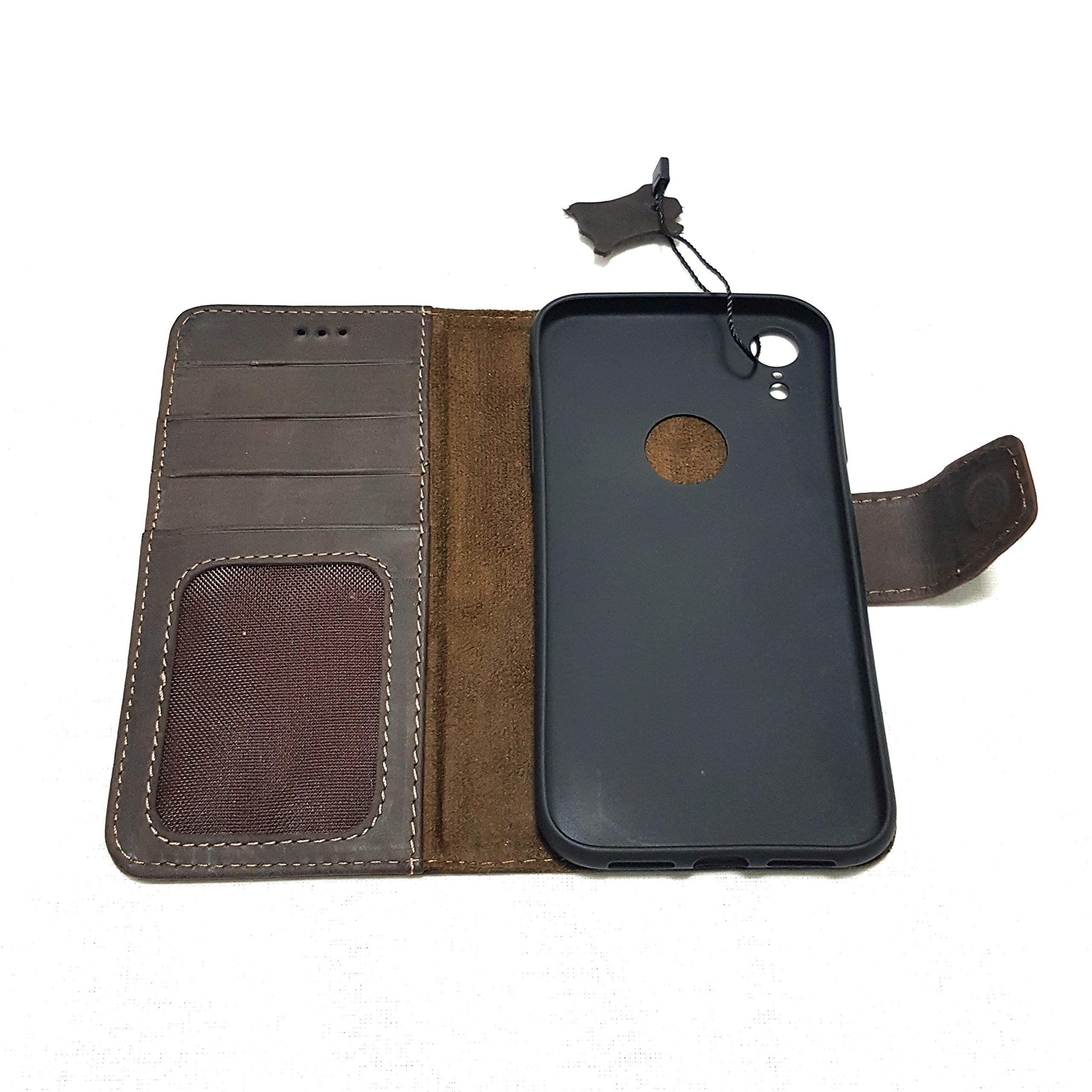 Compatible with iphone Xr Genuine Leather Phonecase Folio Case Dark Brown