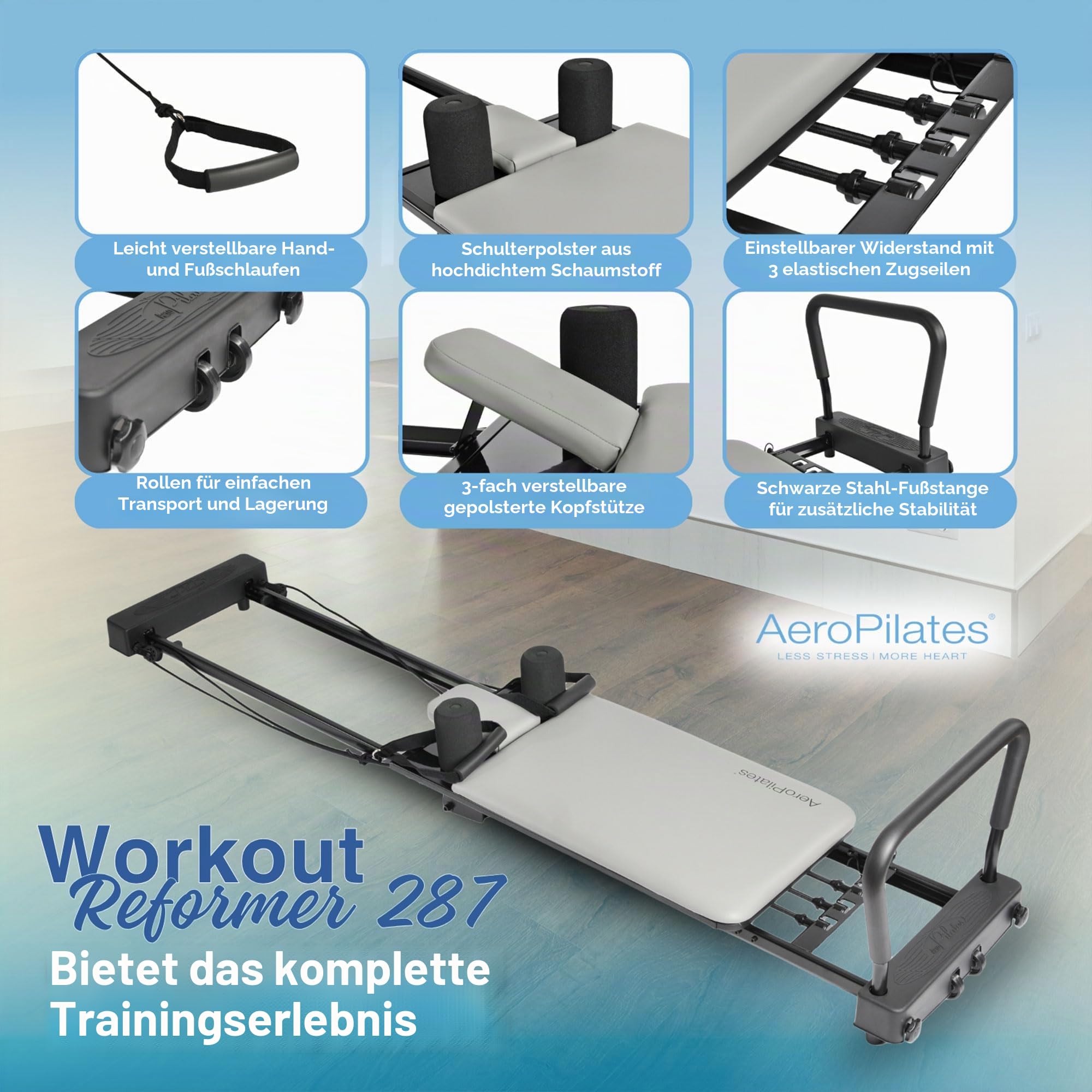 AeroPilates Reformer 287 - Pilates Reformer Workout-Maschine für Heim-Fitnessstudio - Pilates Reformer mit 3 Widerstandsschnüren - Bis zu 136 kg Gewichtskapazität