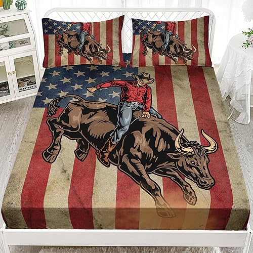 Miniatura 2 de Axolotl Juego de sábanas de vaquero tamaño individual, juego de ropa de cama de toro de equitación, sábanas bajeras con bandera estadounidense,