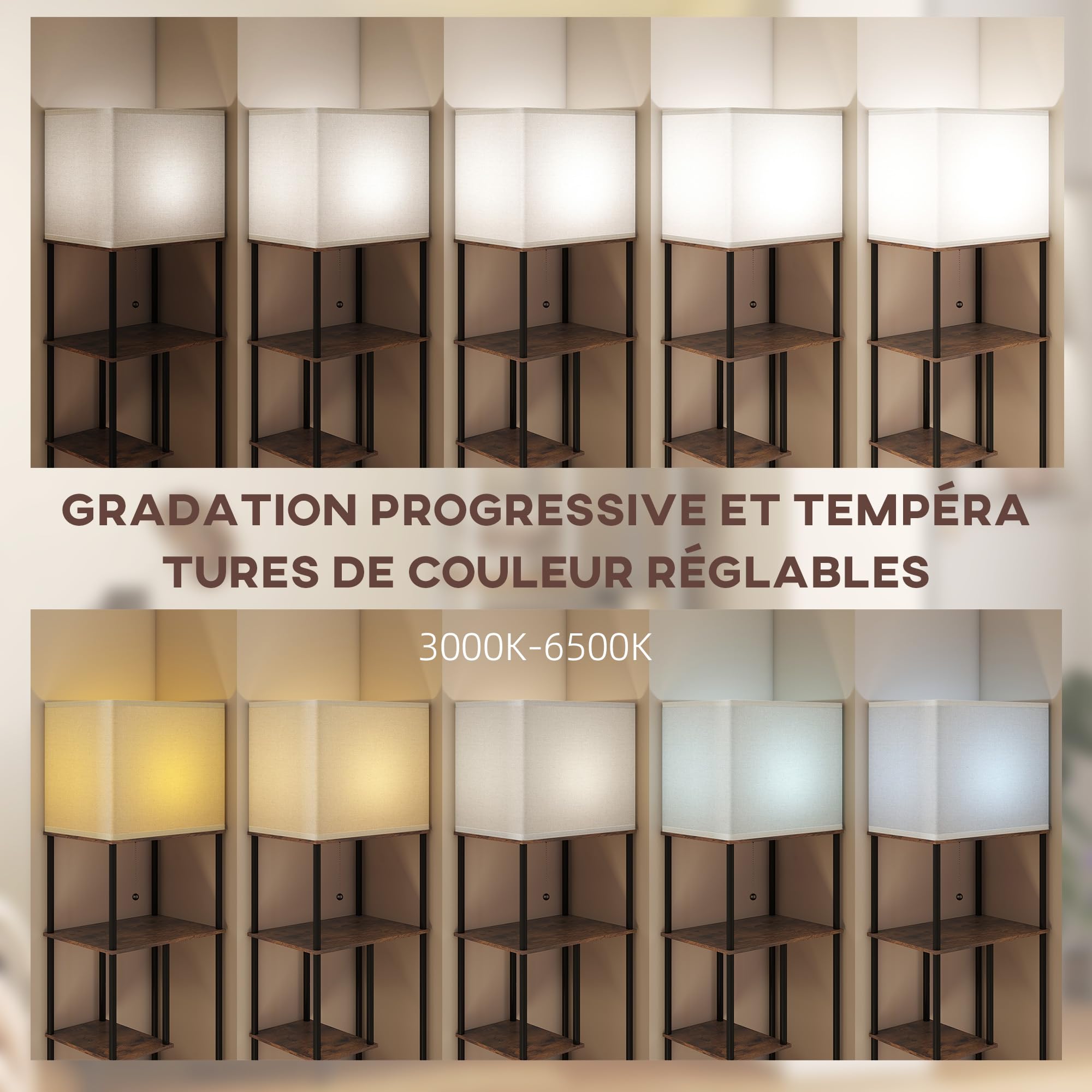 HOMCOM Lampadaire avec étagères LED Dimmable 3000K-6500K Brun Rustique