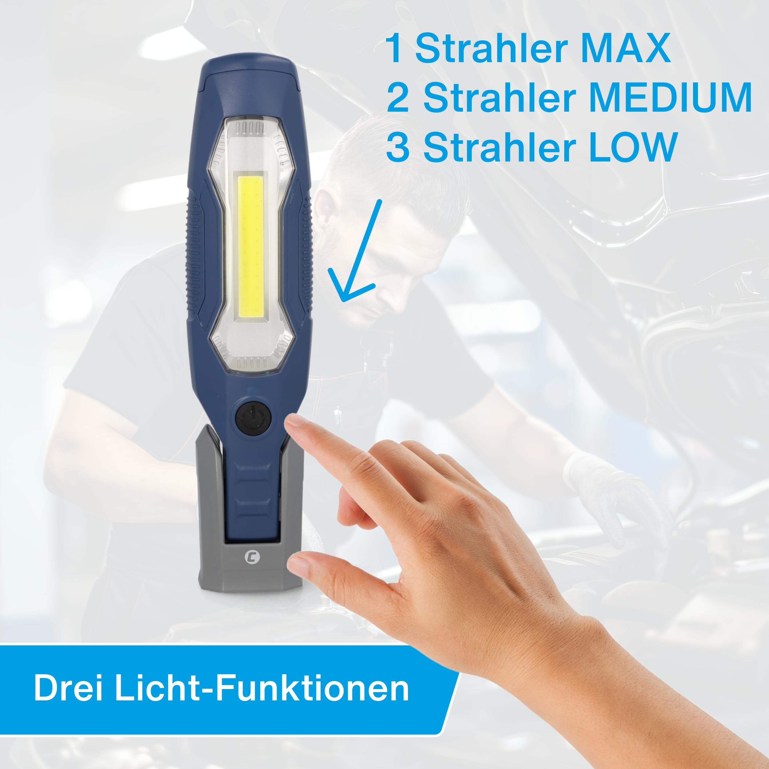 cartrend Lampa warsztatowa LED, wysoka jasność, 600 lumenów, światło powierzchniowe, akumulator 2600 mAh, trzy tryby oświetlenia, hak obrotowy 360°, wytrzymała obudowa ABS
