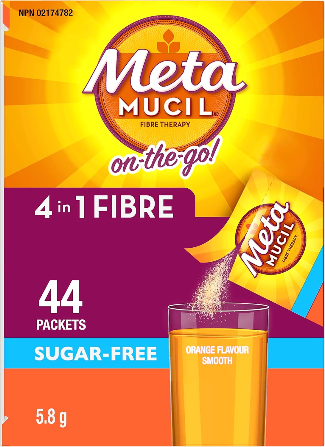 Metamucil, Daily Psyllium Husk Powder Supplement Packets, Sugar-Free, 4-in-1 Fibre for Digestive Health, Orange Smooth Flavored Drink, 44 Servings