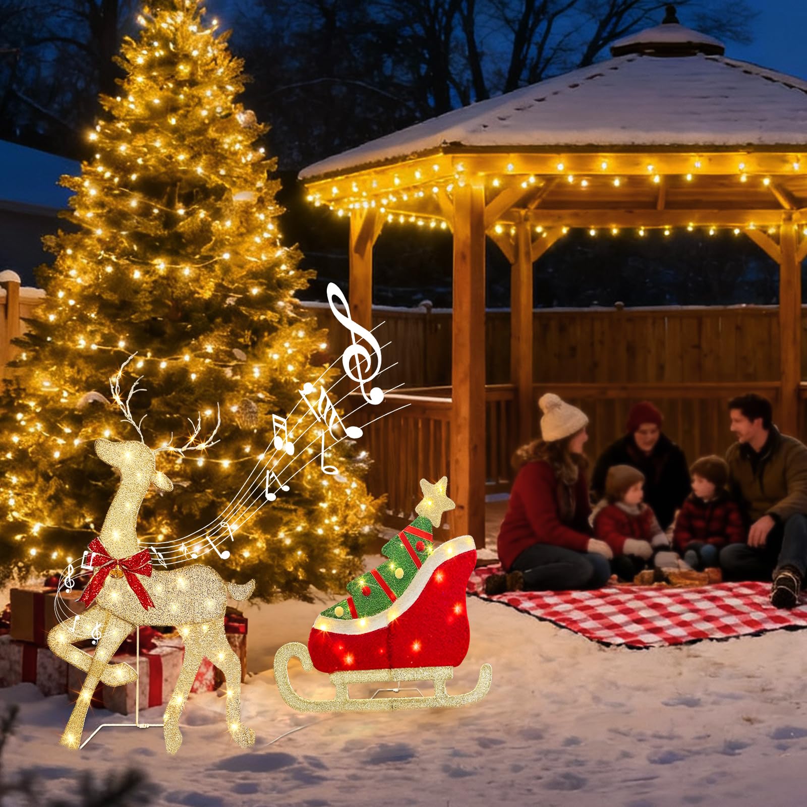 Renne Lumineux avec traîneau et 117 LED Blanc Chaud, décoration de Noël sur Pied avec détecteur de Musique et de Mouvement, Renne de Noël pour l'intérieur et l'extérieur, 107 cm