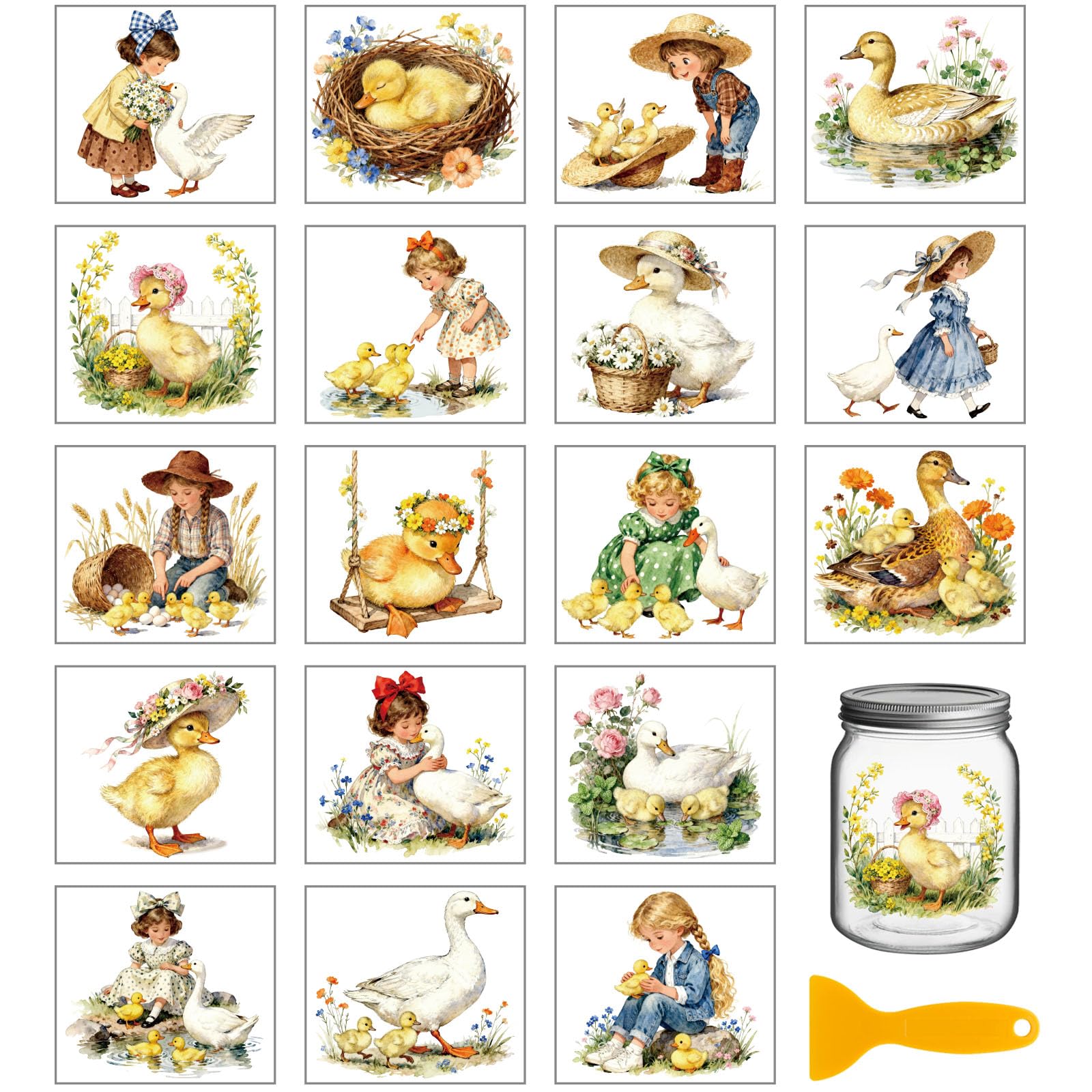 GLOBLELAND 18 Sheets Farm Lady Transfer Stickers 3.9x3.6inch Colorful Duck Swans Transfer Decal Rub on Transfer for Cup Decal Vase Glass Art Crafts Decorations