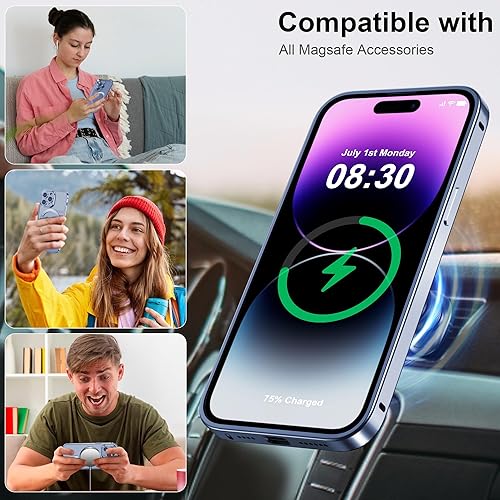 Miniatura 4 de Funda magnética transparente para iPhone 14 Pro Max con protección completa de la cámara parachoques de marco de metal patrón de CD para anillo