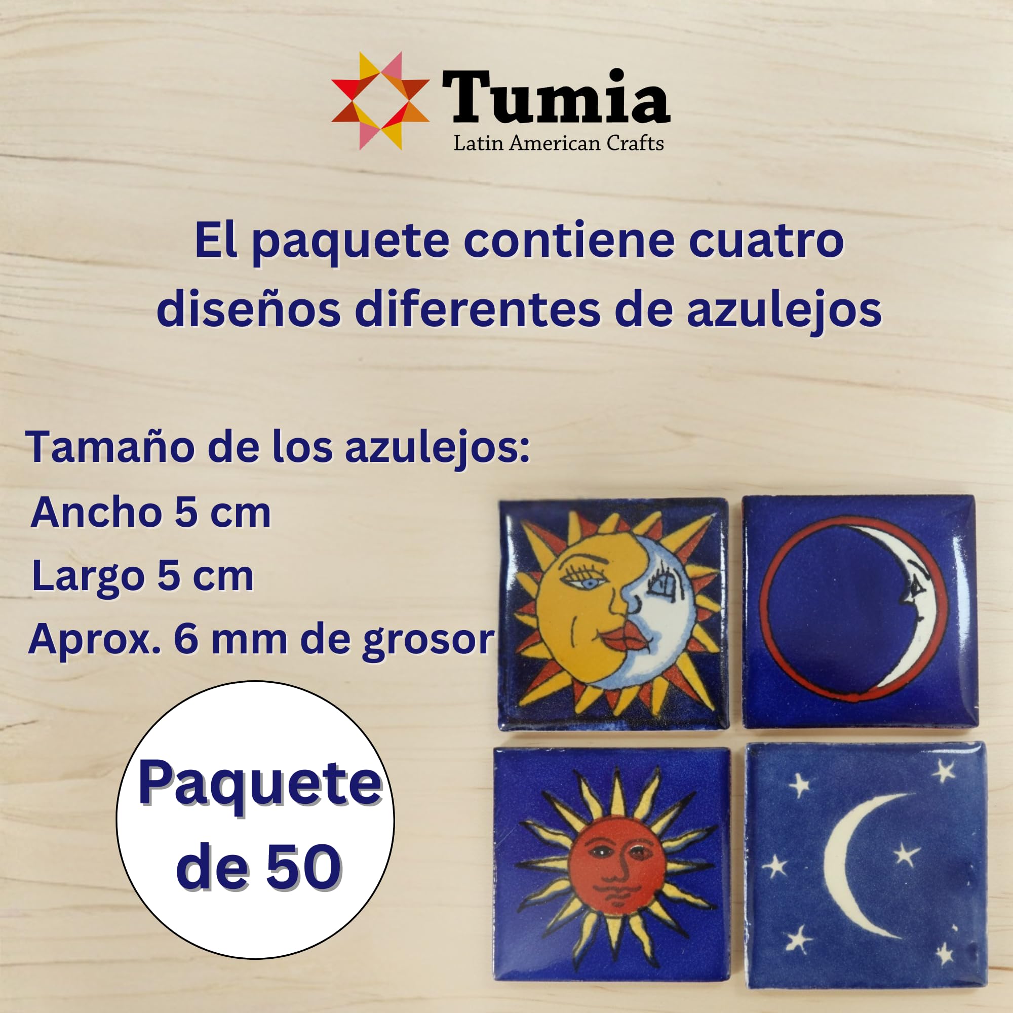 Pack de 50 Azulejos Mexicanos Artesanales de Talavera de 5cm: Sol y Luna