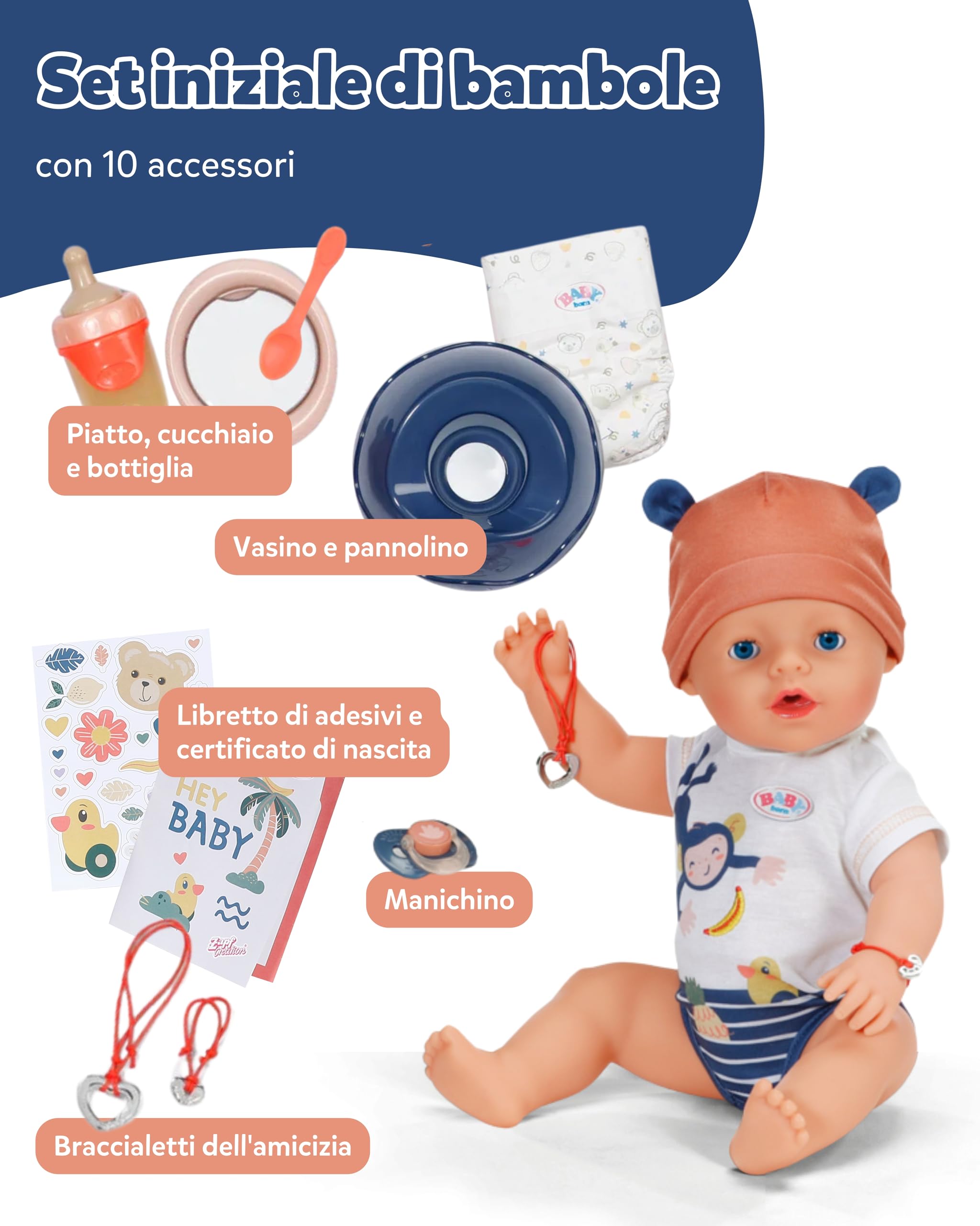 BABY born Emma in stile giungla - Bambolotto lungo 43 cm - 10 funzioni inclusi accessori e tutina in colori unisex - Funziona senza pile - Adatta a bambini dai 3 anni