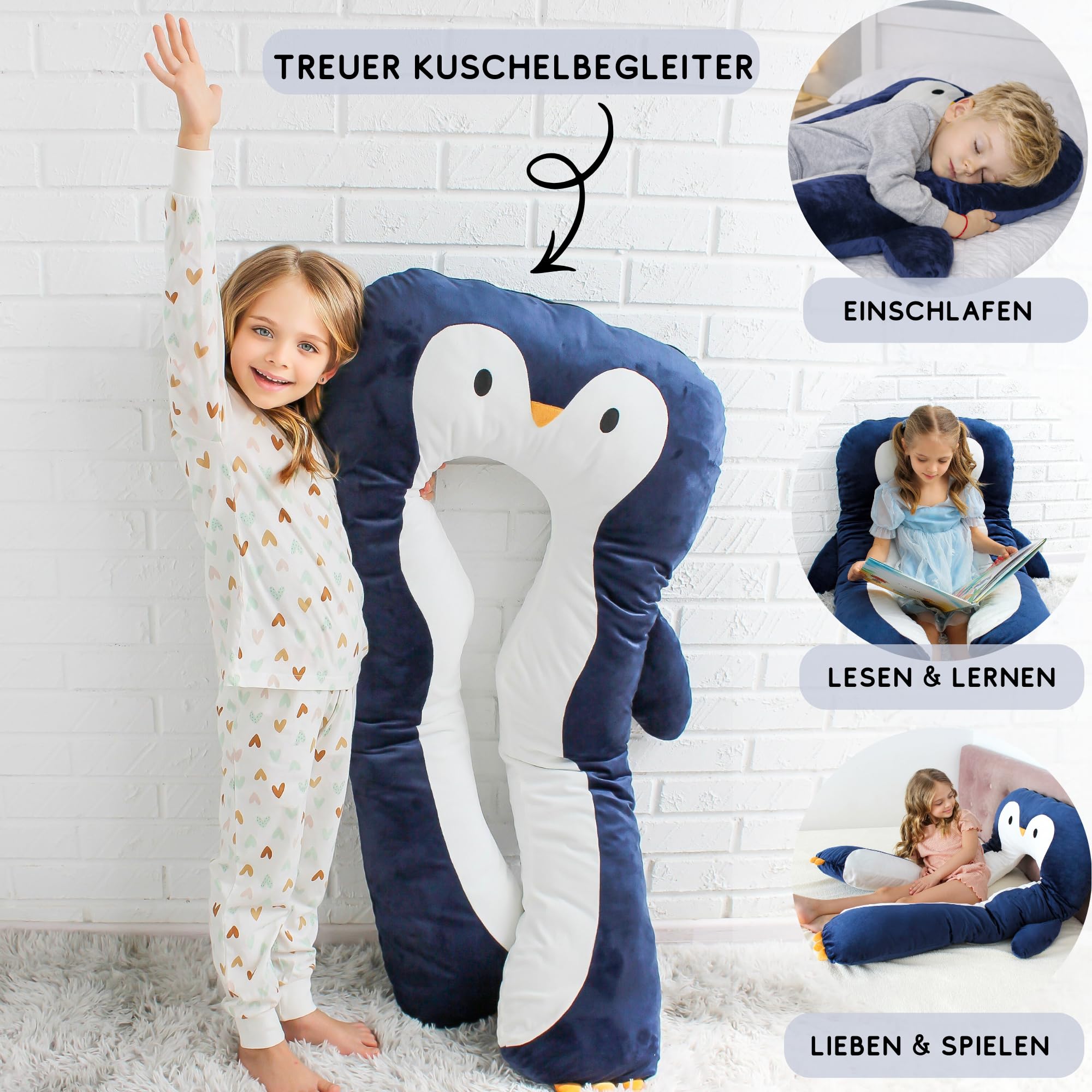 DRACA Seitenschläferkissen Kinder Pinguin Komfortkissen Anti Stress ADHS Einschlafkissen Multifunktionskissen Baumwolle Tierform Großes Kuschelkissen
