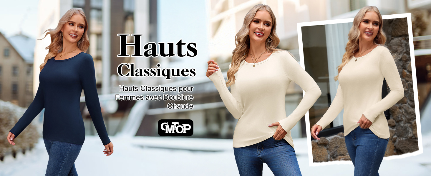 CMTOP Tee Shirt Manche Longue Femme Thermiques Hauts Hiver