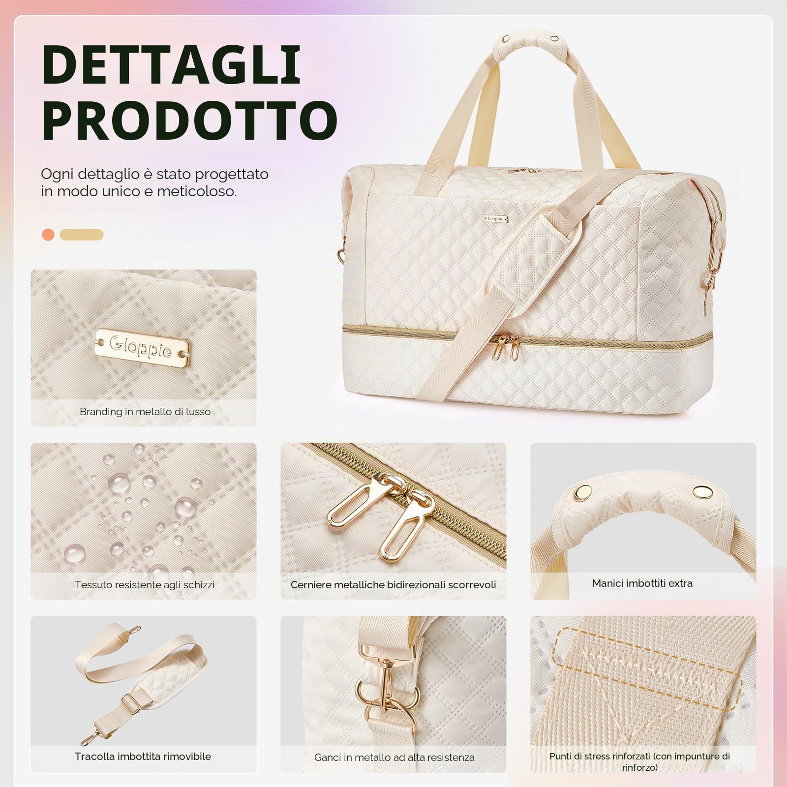 Gloppie 39L Borsone da Viaggio Grande Borsa da Viaggio Donna, Impermeabile Borsa Sportiva Palestra con Scomparto per Scarpe, Borsa Parto Ospedale Mamma Weekend, Beige