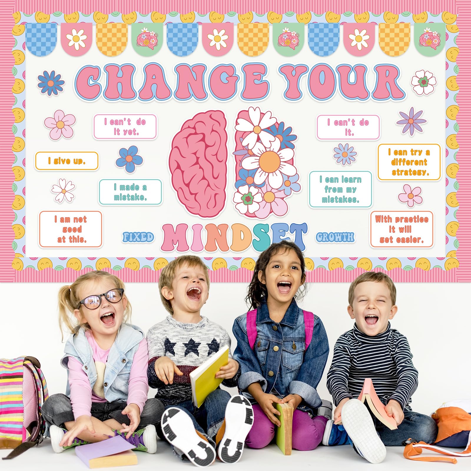 FYSUIMU Bloom with a Growth Mindset - Juego de tablón de anuncios motivacional para cambiar tu mentalidad, póster floral de primavera, decoración de aula para profesores, estudiantes, pared escolar