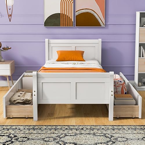 Miniatura 147 de Cama de plataforma de madera de tamaño individual con cabecera en forma de casa, soporte de listones de madera, para dormitorio de niños, niñas,