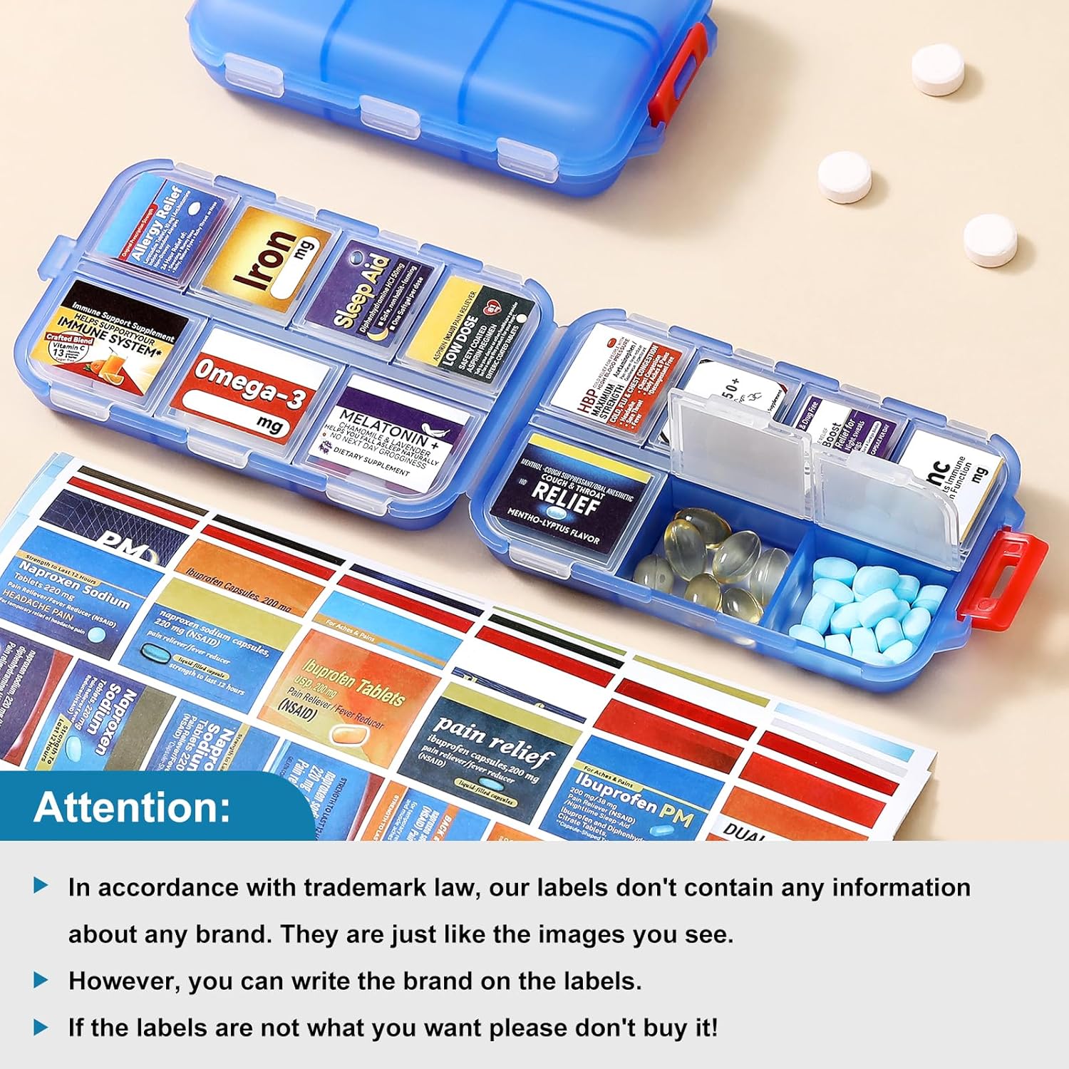 Showdown: 3-Pack Travel Pill Organizer with 14 Grids, 415 Labels - Tested for On-the-Go Health