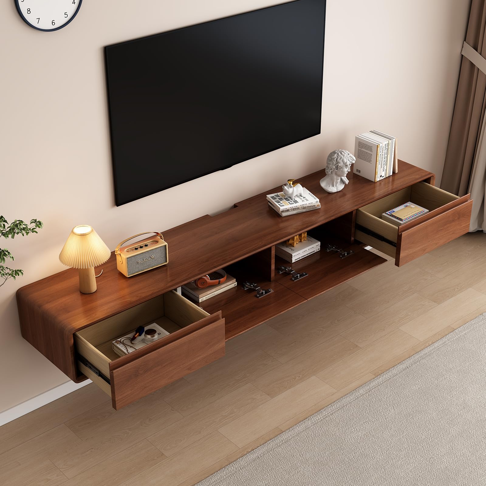 Supporto TV flottante - Grande mensola a muro - Diversi scomparti di archiviazione - Console multimediale - Banco flottante sotto la televisione - In legno massiccio (marrone, 160 x 20 x 24 cm)