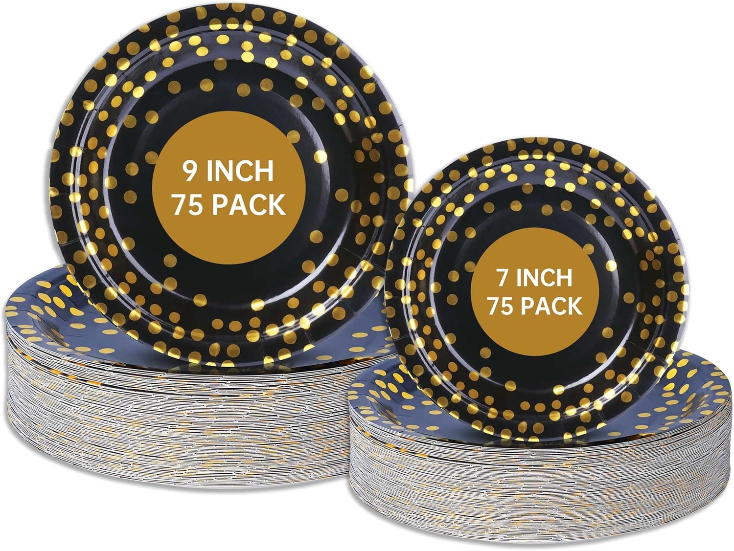 ROSINL Disposable Paper Plates 150 Pack Black and Gold Dots