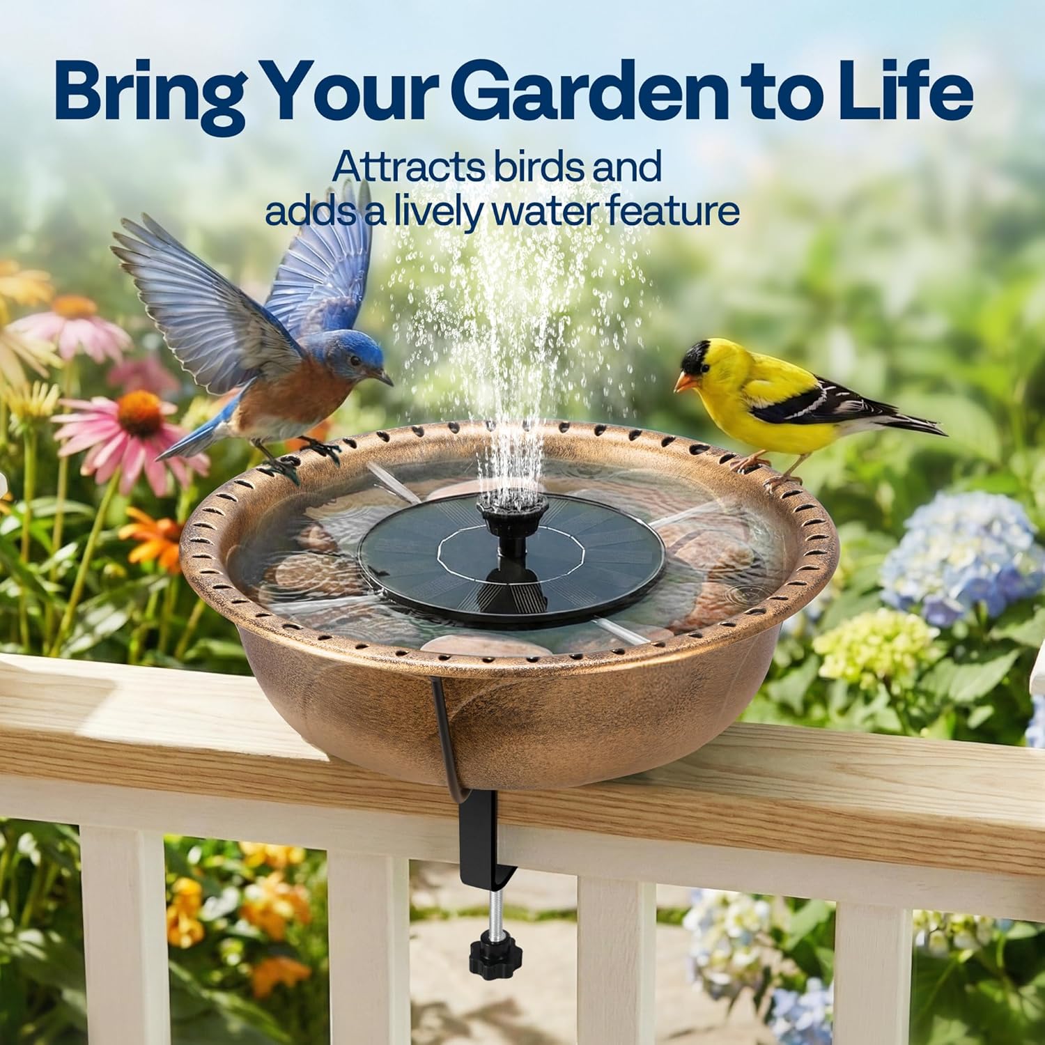 VIVOHOME 28 Inch Height Polyresin Lightweight Antique Outdoor Garden Bird Bath Bronze with VIVOHOME Deck Mounted Bird Bath with Solar Fountain, Adjustable Metal Clamp, Solar Powered Pump